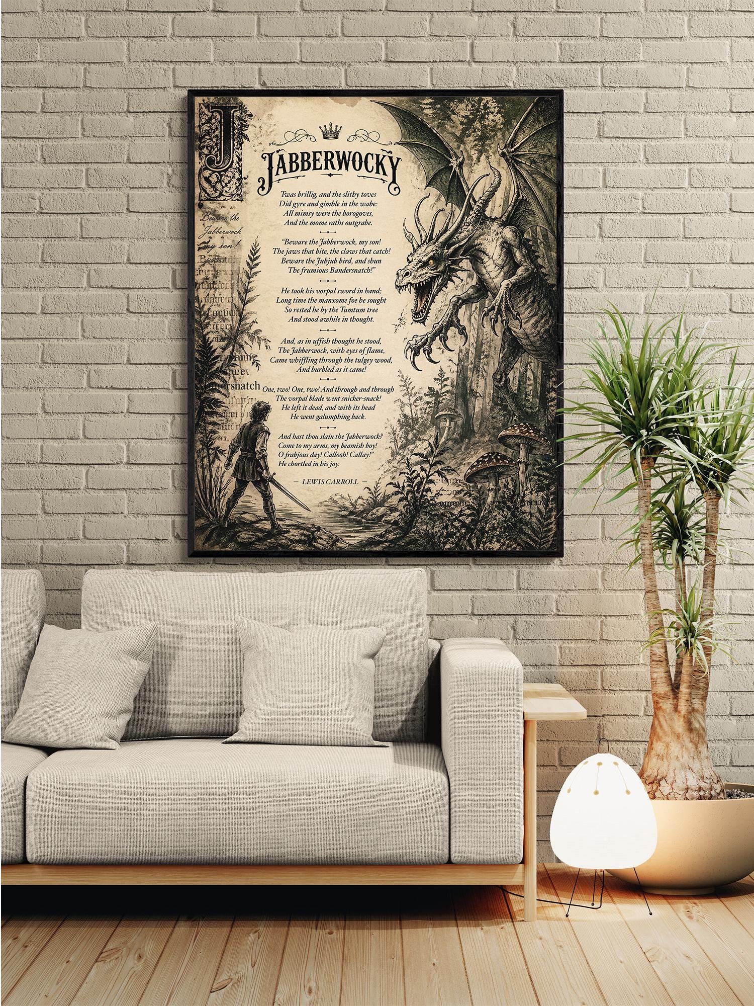 Jabberwocky Wall Art Print | Through The Looking Glass | Lewis Carroll Quote | Vintage Fantasy | Dragon Home Decor | Literary Poem Gift