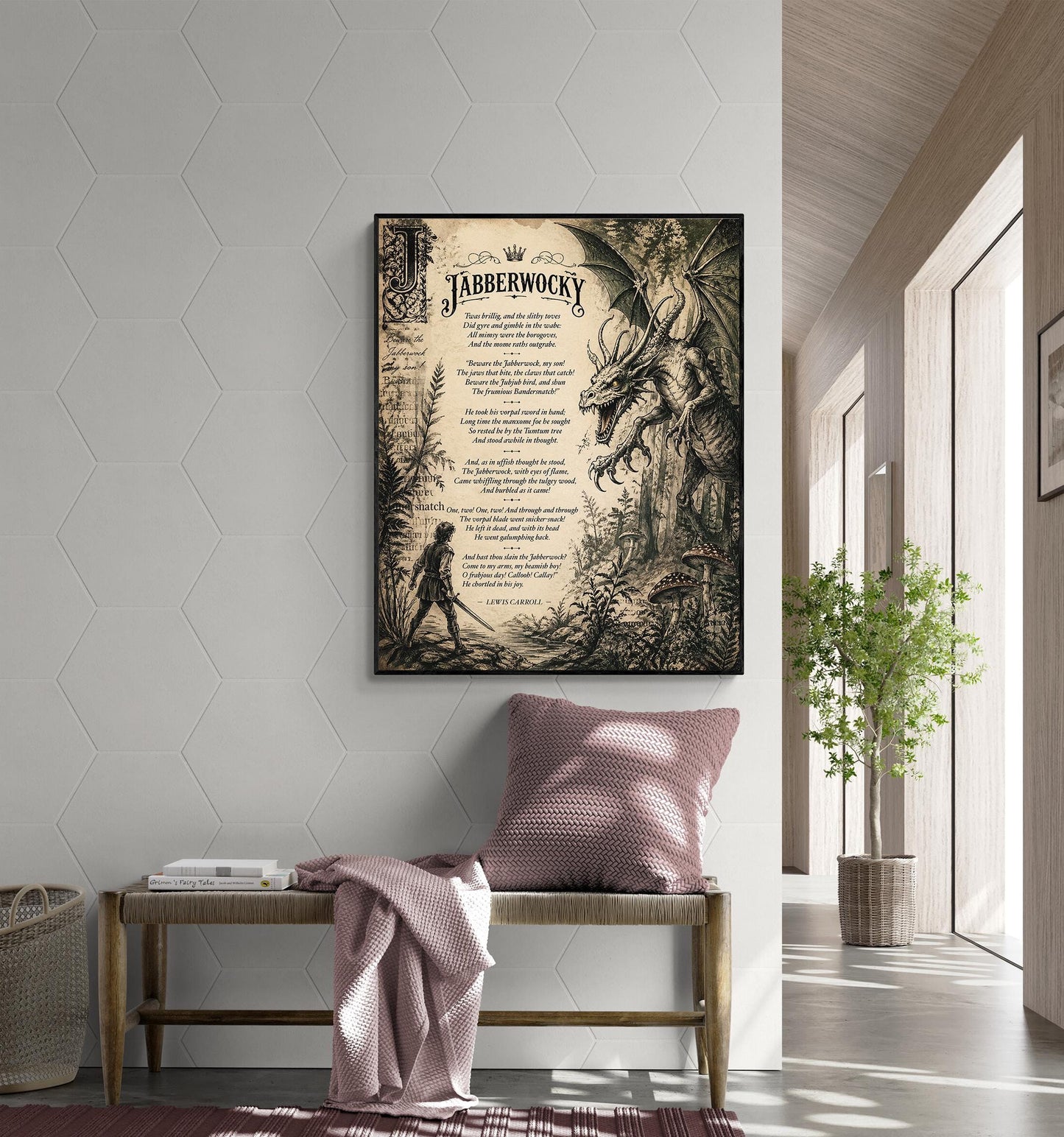 Jabberwocky Wall Art Print | Through The Looking Glass | Lewis Carroll Quote | Vintage Fantasy | Dragon Home Decor | Literary Poem Gift