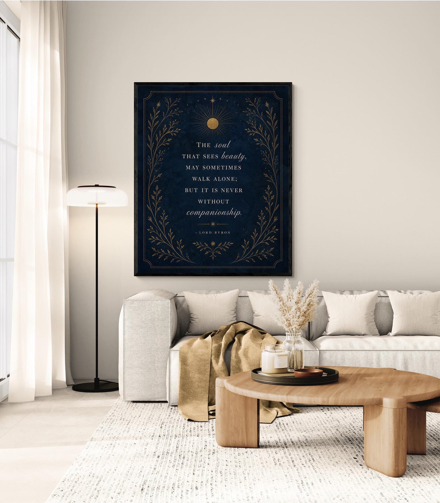 The Soul That Sees Beauty Wall Art Print, Lord Byron Quote, Literary Home Decor, Navy Blue Gold Botanical Gift
