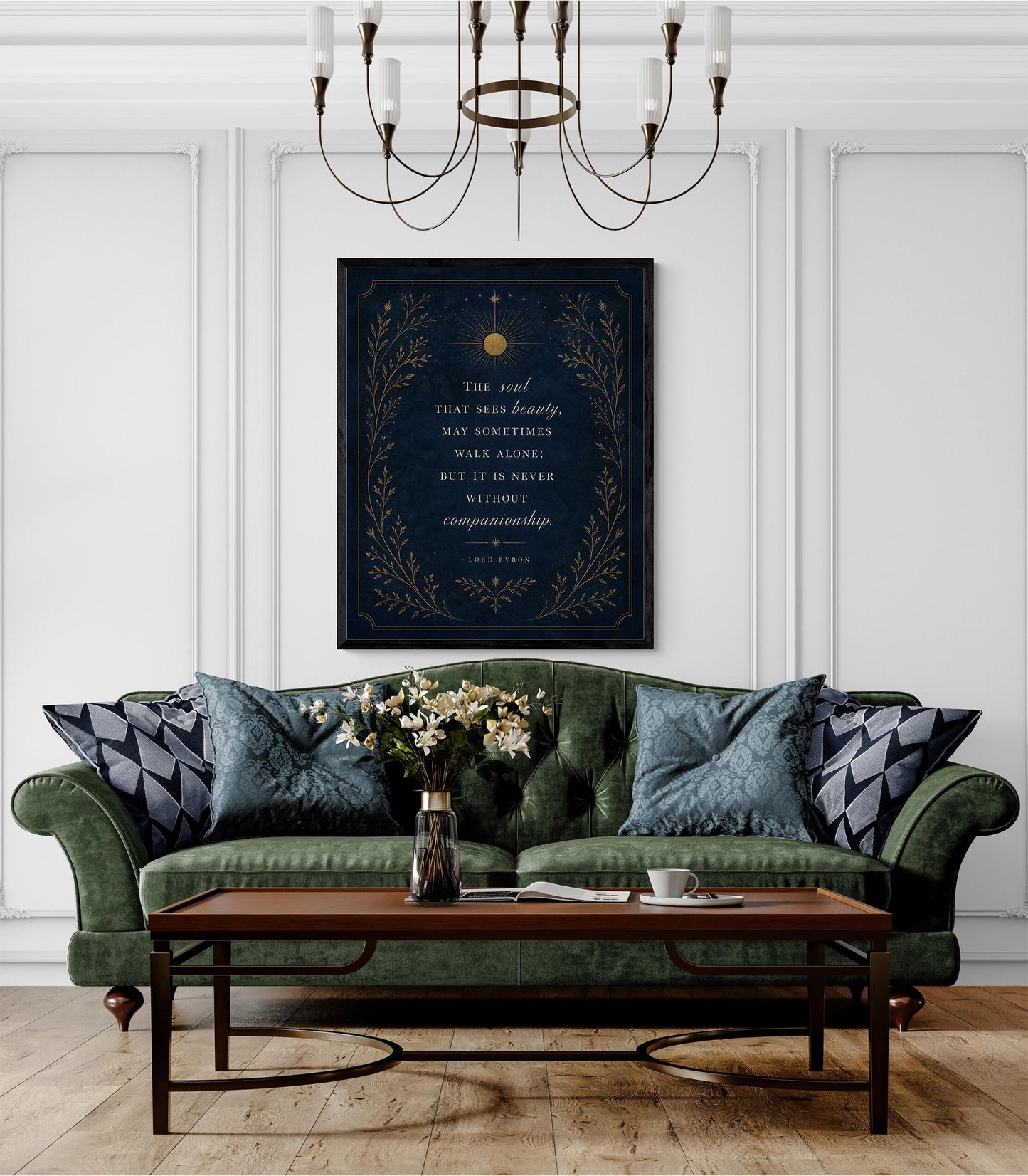 The Soul That Sees Beauty Wall Art Print, Lord Byron Quote, Literary Home Decor, Navy Blue Gold Botanical Gift