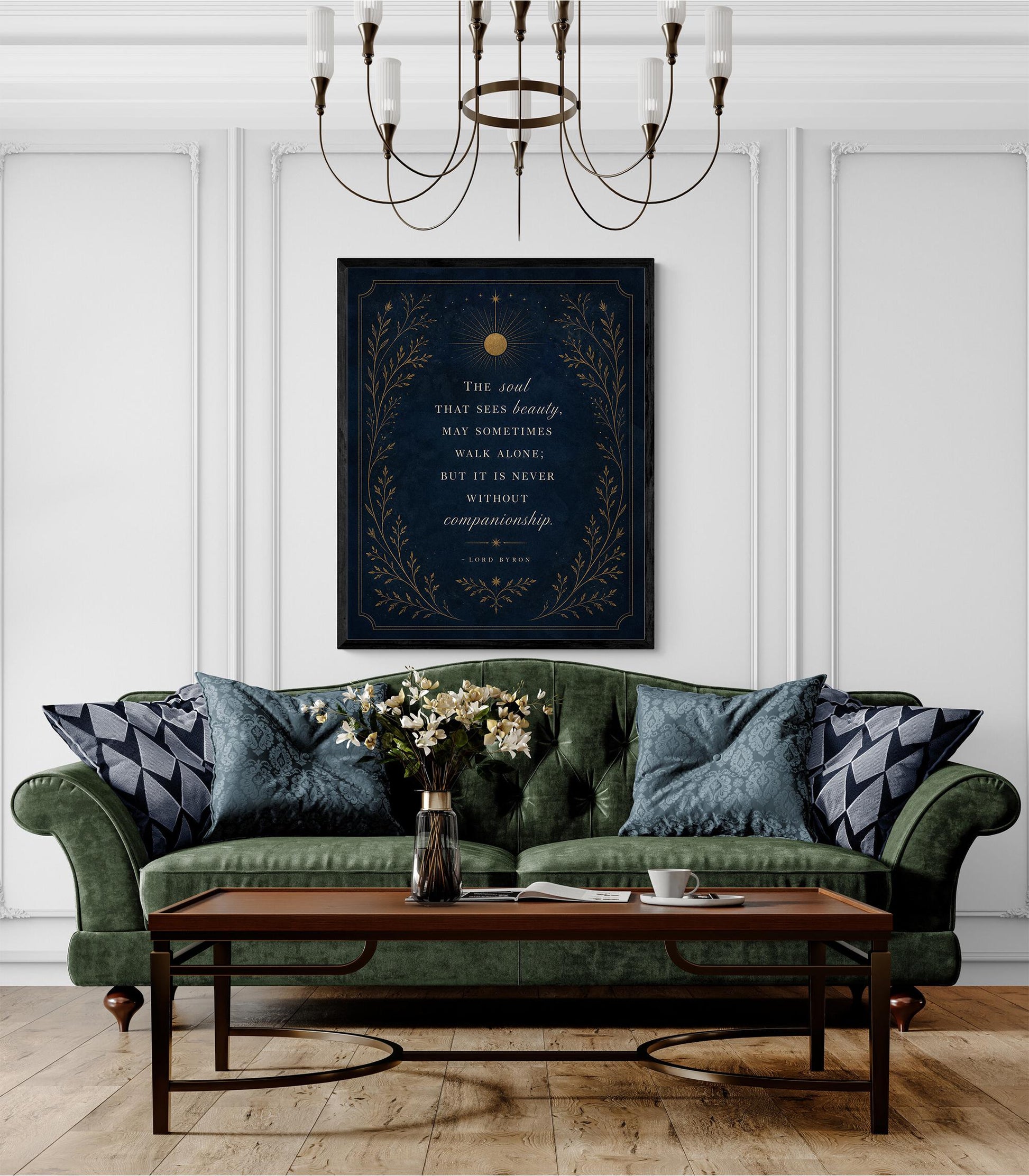 The Soul That Sees Beauty Wall Art Print, Lord Byron Quote, Literary Home Decor, Navy Blue Gold Botanical Gift