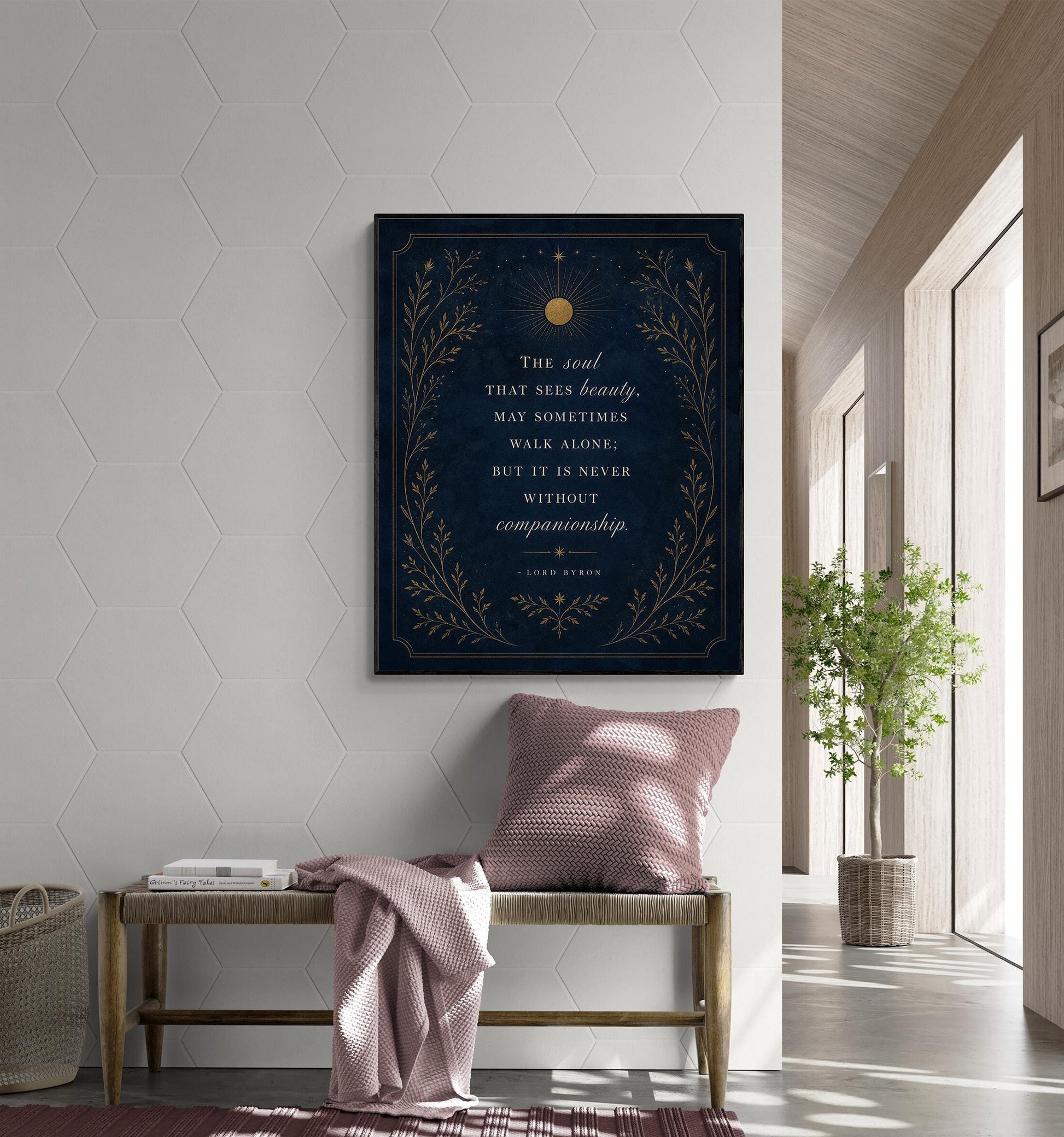 The Soul That Sees Beauty Wall Art Print, Lord Byron Quote, Literary Home Decor, Navy Blue Gold Botanical Gift