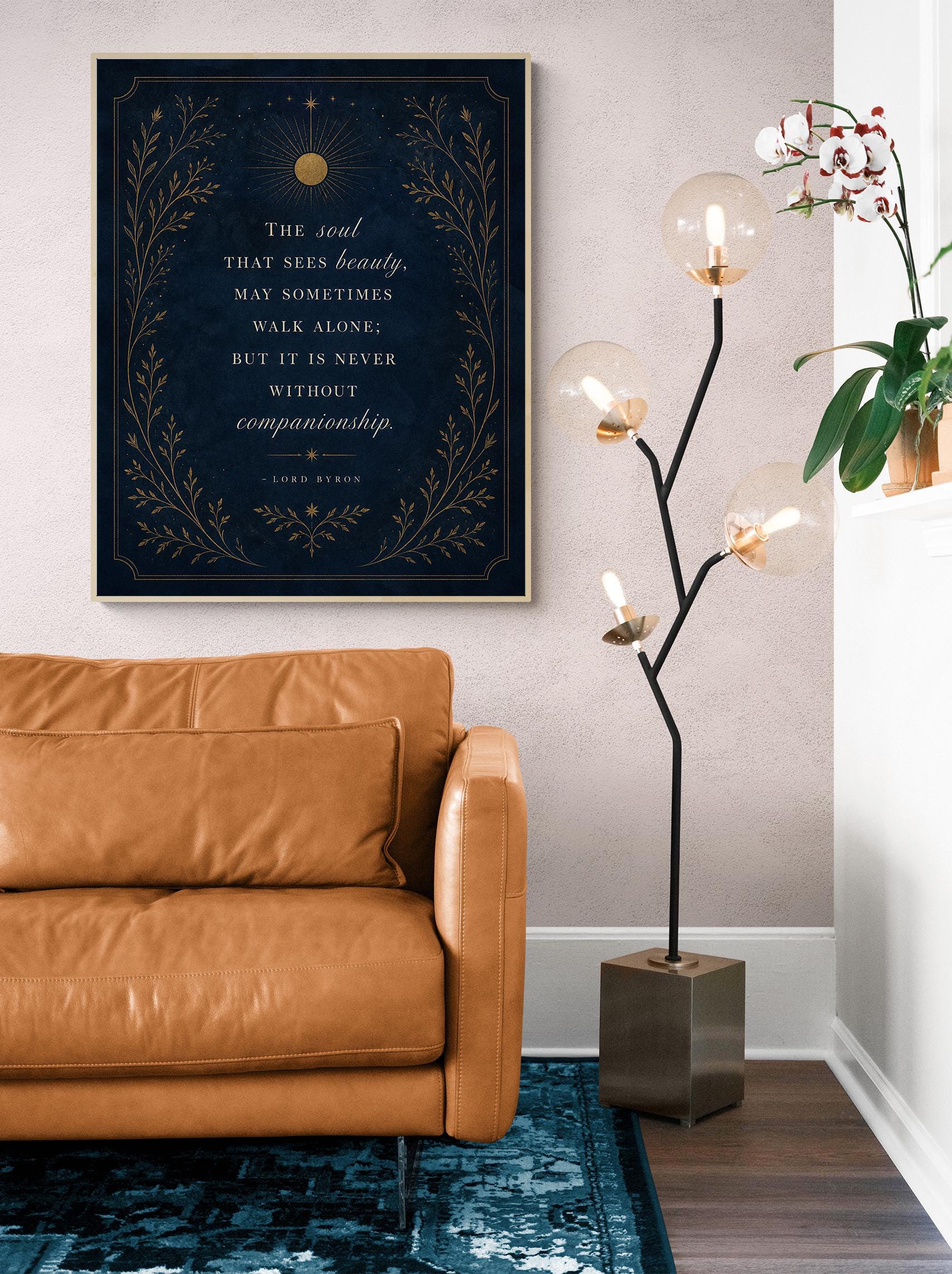 The Soul That Sees Beauty Wall Art Print, Lord Byron Quote, Literary Home Decor, Navy Blue Gold Botanical Gift