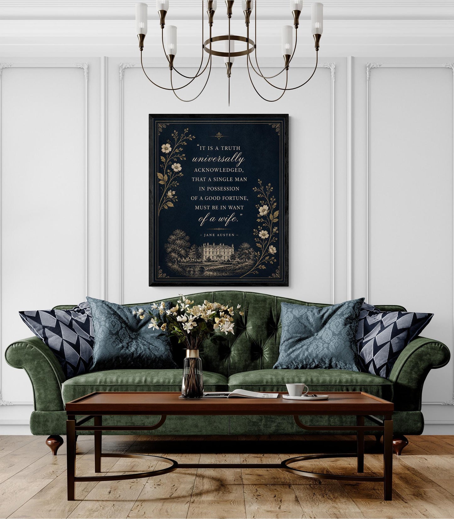 Jane Austen Quote Wall Art Print, Pride and Prejudice Opening Line, Literary Decor, Navy Blue Gold Botanical, Classic Book Lover Floral Gift