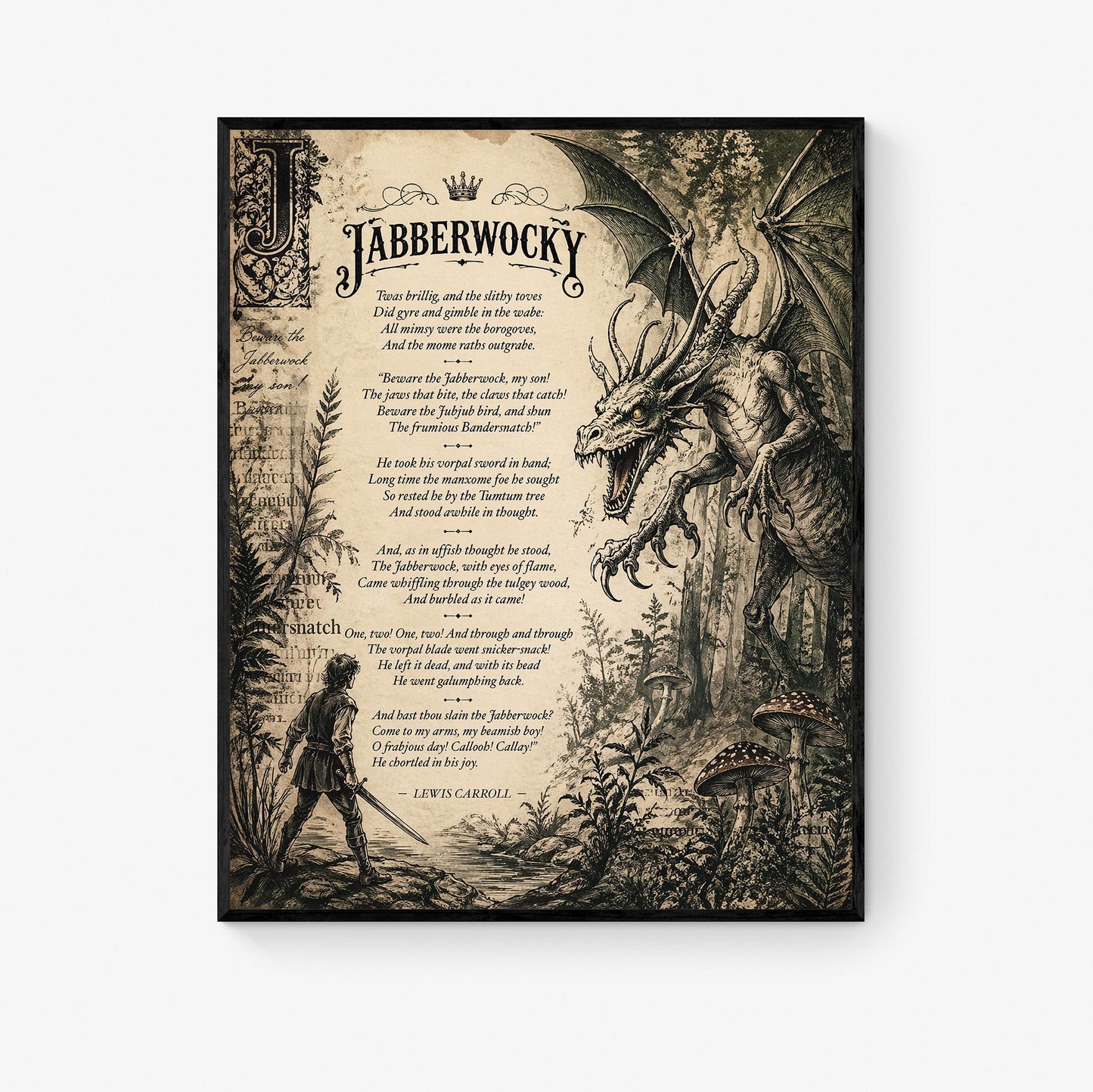 Jabberwocky Wall Art Print | Through The Looking Glass | Lewis Carroll Quote | Vintage Fantasy | Dragon Home Decor | Literary Poem Gift