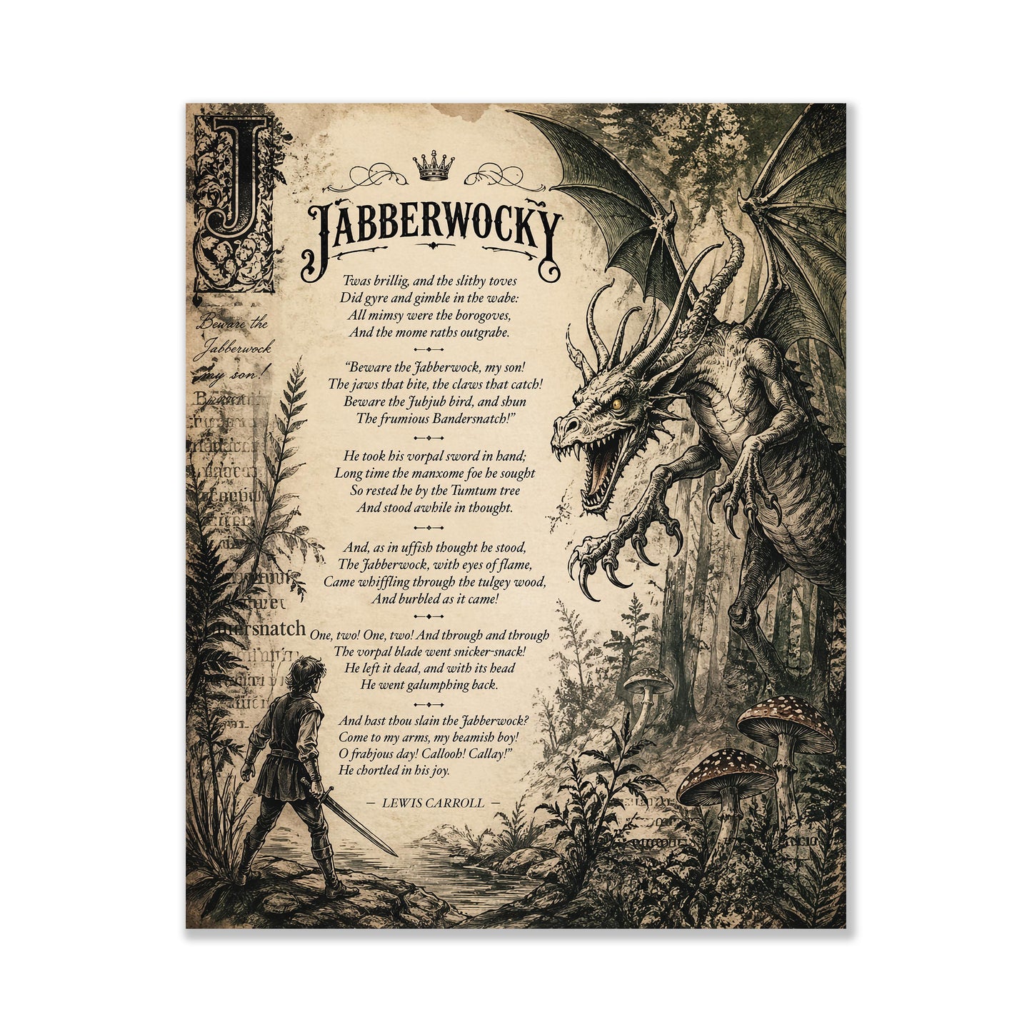 Jabberwocky Wall Art Print | Through The Looking Glass | Lewis Carroll Quote | Vintage Fantasy | Dragon Home Decor | Literary Poem Gift