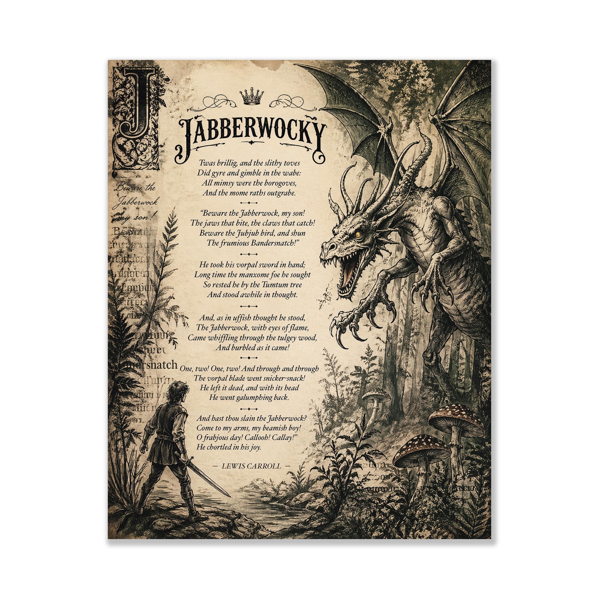 Jabberwocky Wall Art Print | Through The Looking Glass | Lewis Carroll Quote | Vintage Fantasy | Dragon Home Decor | Literary Poem Gift