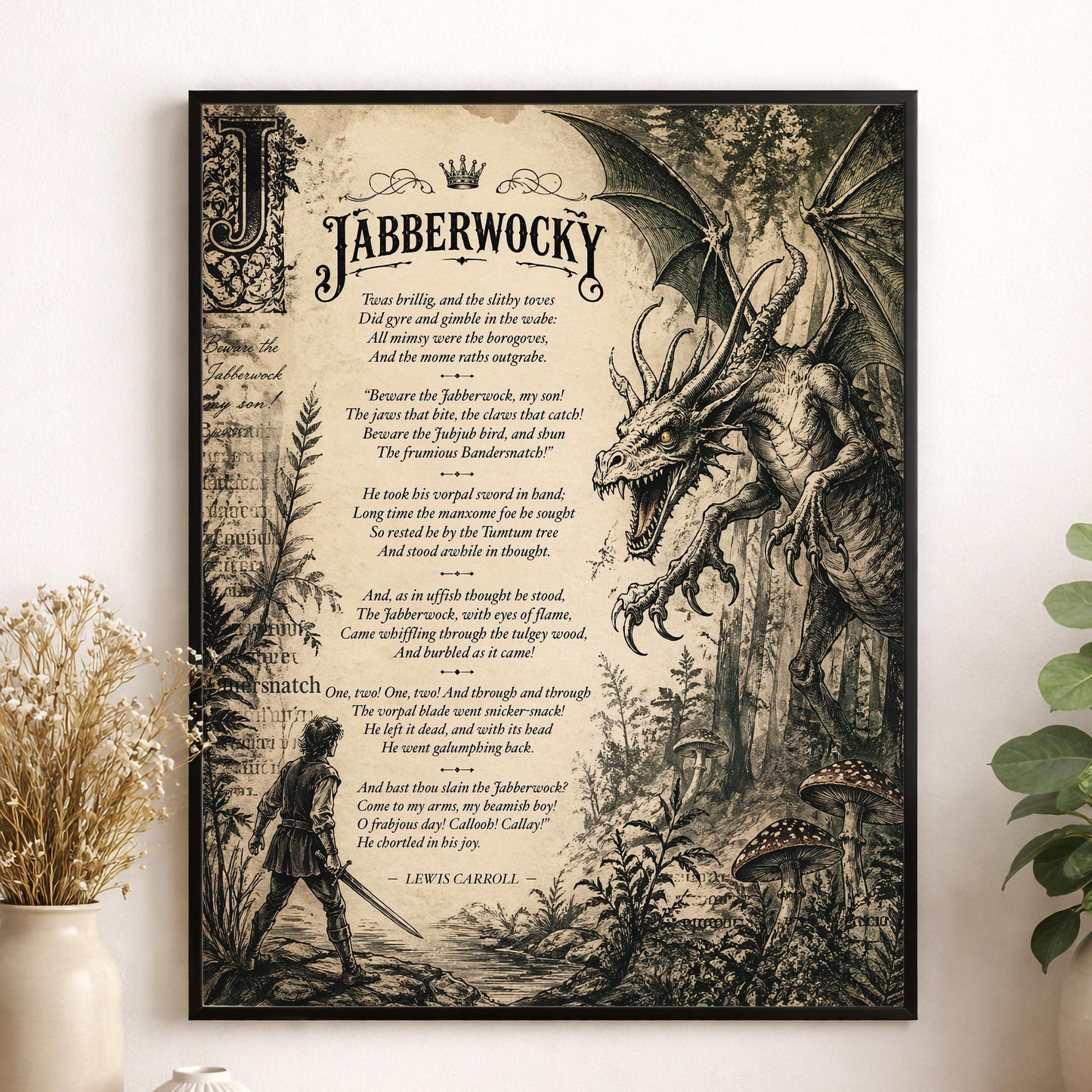 Jabberwocky Wall Art Print | Through The Looking Glass | Lewis Carroll Quote | Vintage Fantasy | Dragon Home Decor | Literary Poem Gift
