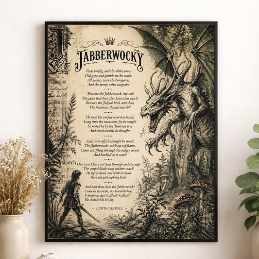 Jabberwocky Wall Art Print | Through The Looking Glass | Lewis Carroll Quote | Vintage Fantasy | Dragon Home Decor | Literary Poem Gift