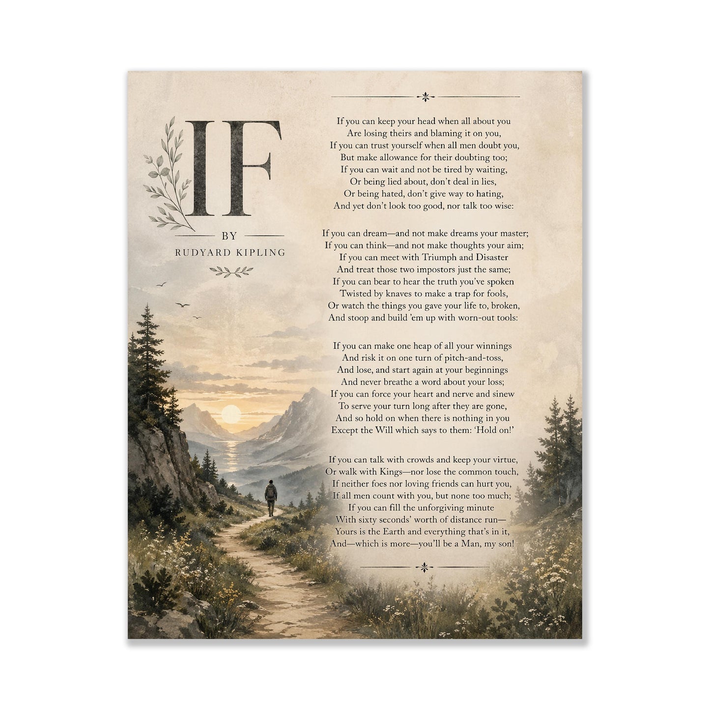 If Poem Quote Wall Art Print | Rudyard Kipling | Poetry | Landscape | Children's Room | Nursery | Vintage Home Decor | Literary Gift