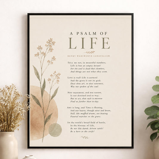 A Psalm Of Life Wall Art Print | Henry Wadsworth Longfellow Quote | Botanical Home Decor | Neutral Classic Literary Poem | Poetry Poster