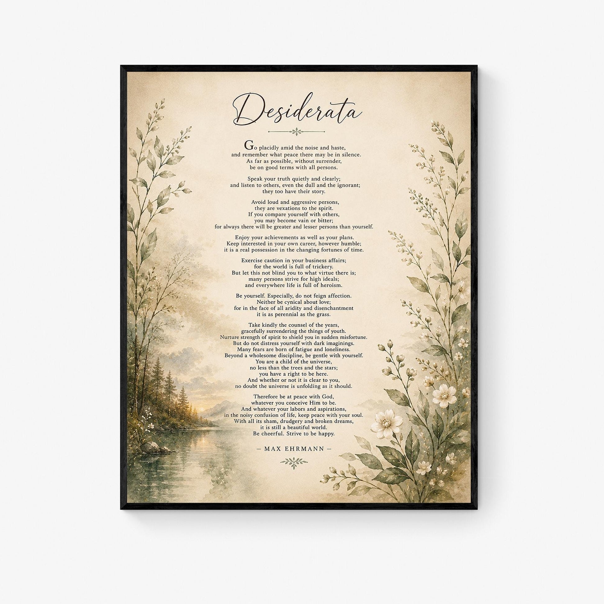 Desiderata Wall Art Print | Go Placidly Amid The Noise | Max Ehrmann Poem | Landscape | Literary Book | Inspirational Botanical Home Decor
