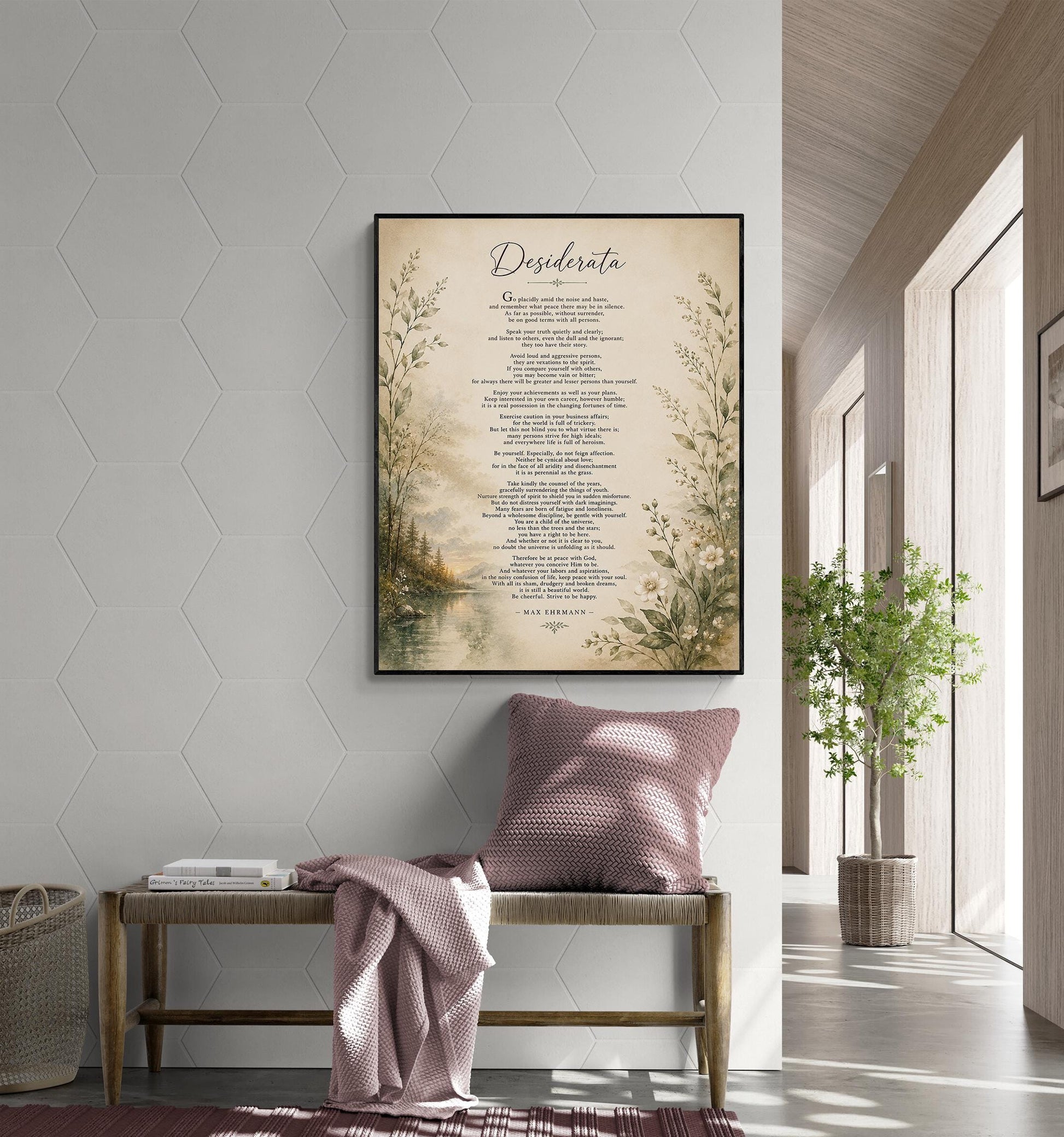 Desiderata Wall Art Print | Go Placidly Amid The Noise | Max Ehrmann Poem | Landscape | Literary Book | Inspirational Botanical Home Decor
