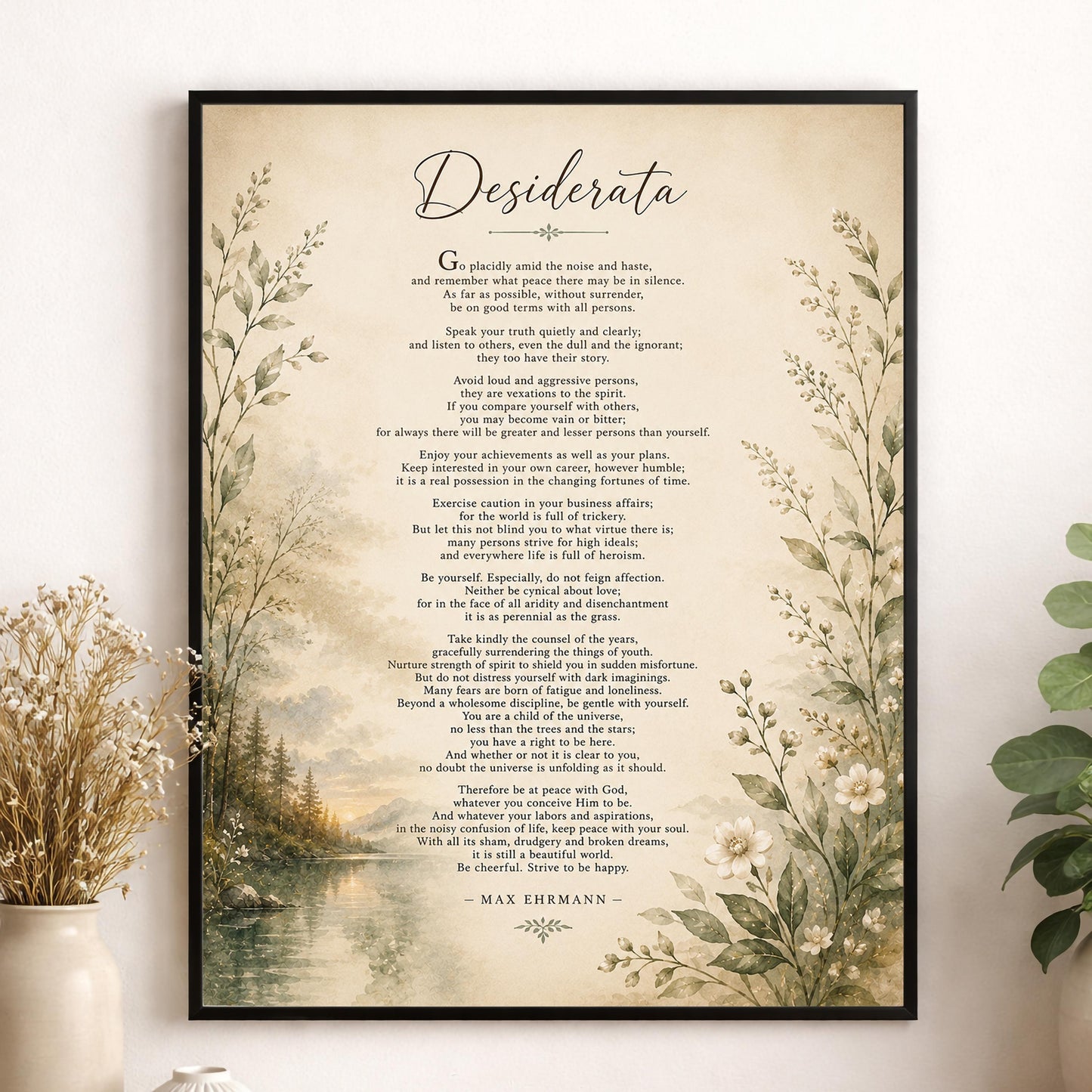 Desiderata Wall Art Print | Go Placidly Amid The Noise | Max Ehrmann Poem | Landscape | Literary Book | Inspirational Botanical Home Decor