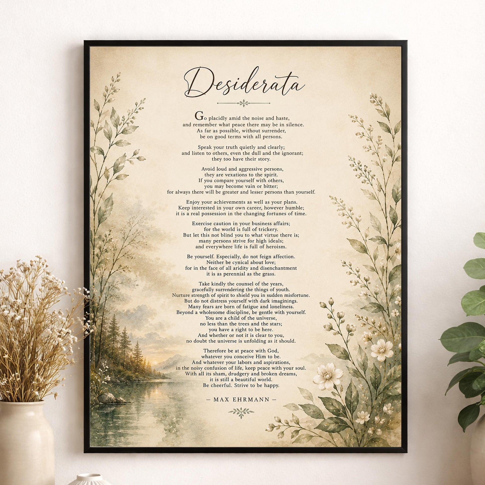 Desiderata Wall Art Print | Go Placidly Amid The Noise | Max Ehrmann Poem | Landscape | Literary Book | Inspirational Botanical Home Decor