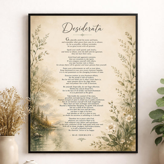 Desiderata Wall Art Print | Go Placidly Amid The Noise | Max Ehrmann Poem | Landscape | Literary Book | Inspirational Botanical Home Decor