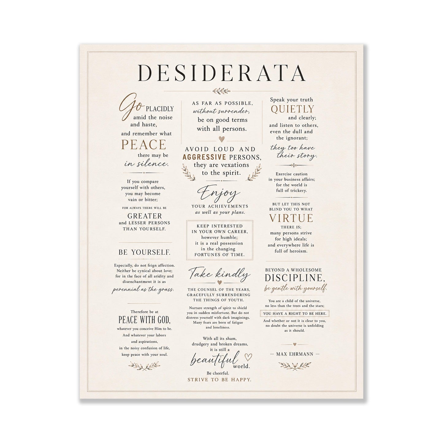 Desiderata Wall Art Print | Go Placidly Amid The Noise | Max Ehrmann Poem | Typography | Literary Book | Inspirational Botanical Home Decor