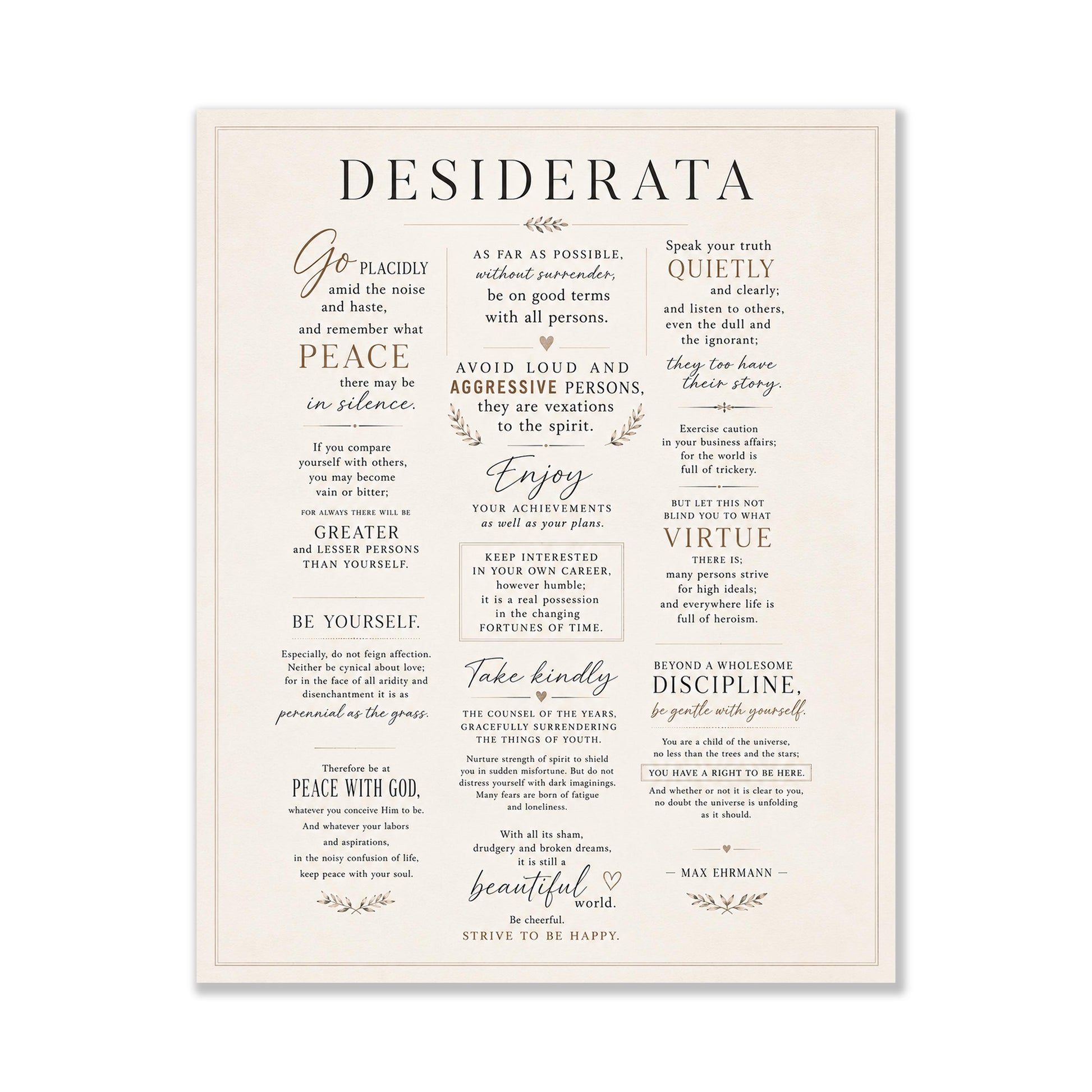 Desiderata Wall Art Print | Go Placidly Amid The Noise | Max Ehrmann Poem | Typography | Literary Book | Inspirational Botanical Home Decor