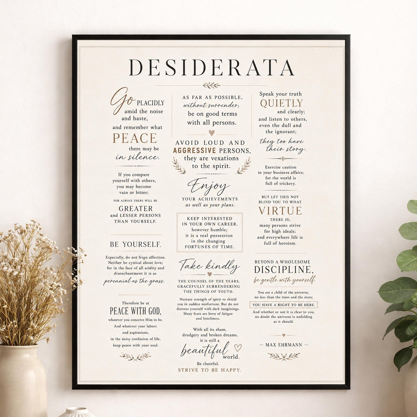 Desiderata Wall Art Print | Go Placidly Amid The Noise | Max Ehrmann Poem | Typography | Literary Book | Inspirational Botanical Home Decor