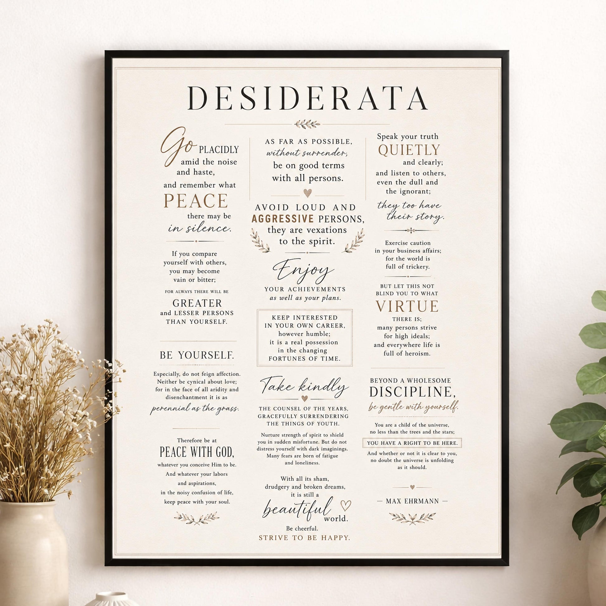 Desiderata Wall Art Print | Go Placidly Amid The Noise | Max Ehrmann Poem | Typography | Literary Book | Inspirational Botanical Home Decor