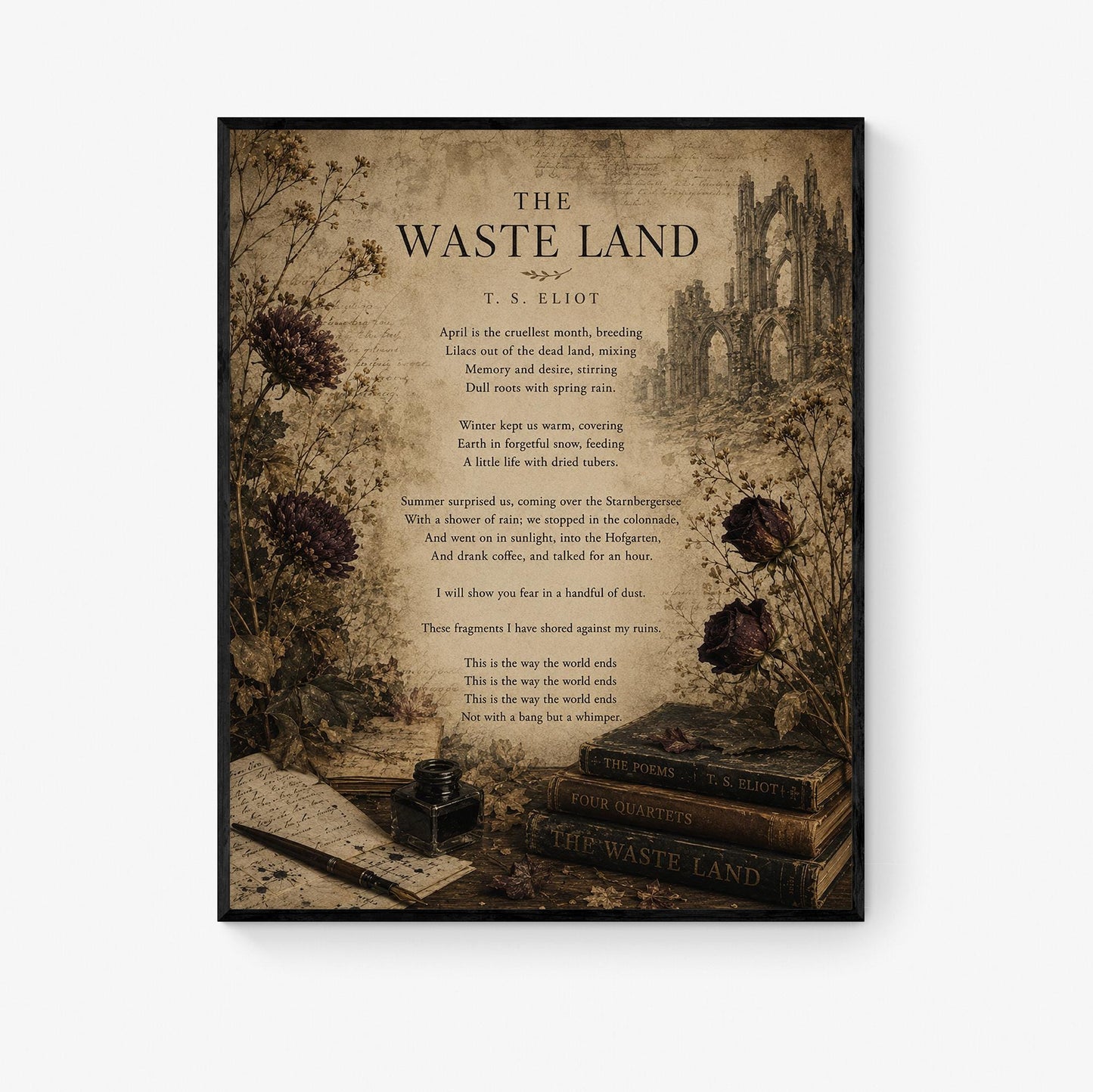 Waste Land Wall Art Print | TS Eliot Poetry Quote | This Is the Way The World Ends | Living Room | Vintage Home Decor | Literary Poster