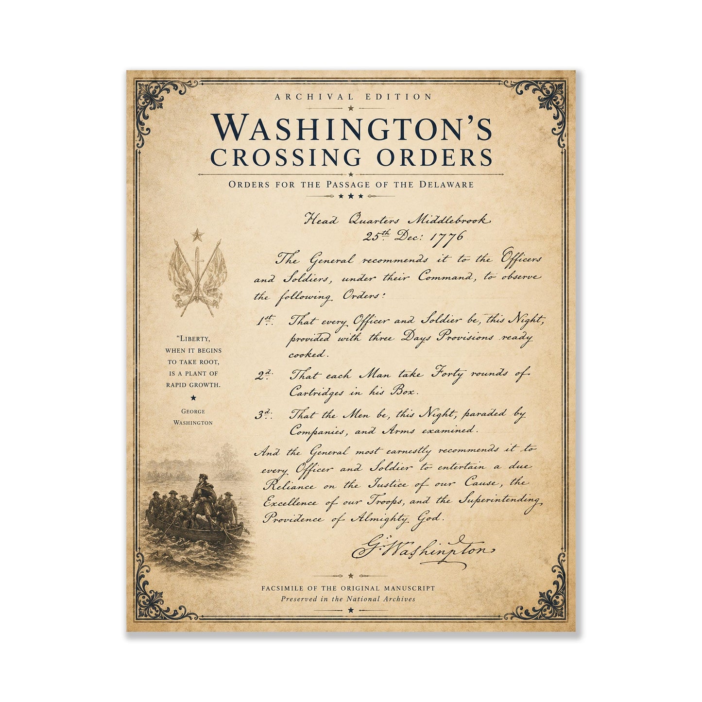 Washington's Crossing Orders Wall Art Print | Delaware River | American Revolution | Manuscript | Historical Patriotic Home Decor