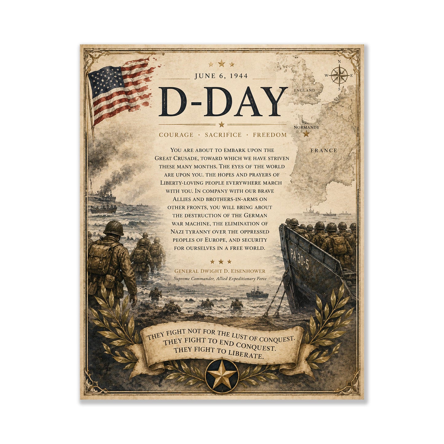 D-Day Order Of The Day Wall Art Print | Operation Overlord | Military History | Dwight Eisenhower | World War 2 | Vintage Soldier Poster