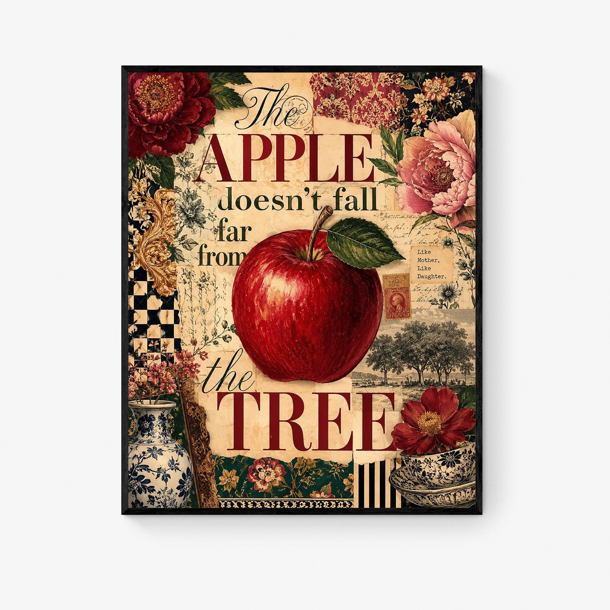 The Apple Doesn’t Fall Far From the Tree Wall Art Print, Mother Daughter, Maximalist Botanical Home Decor, Vintage Style Family Gift