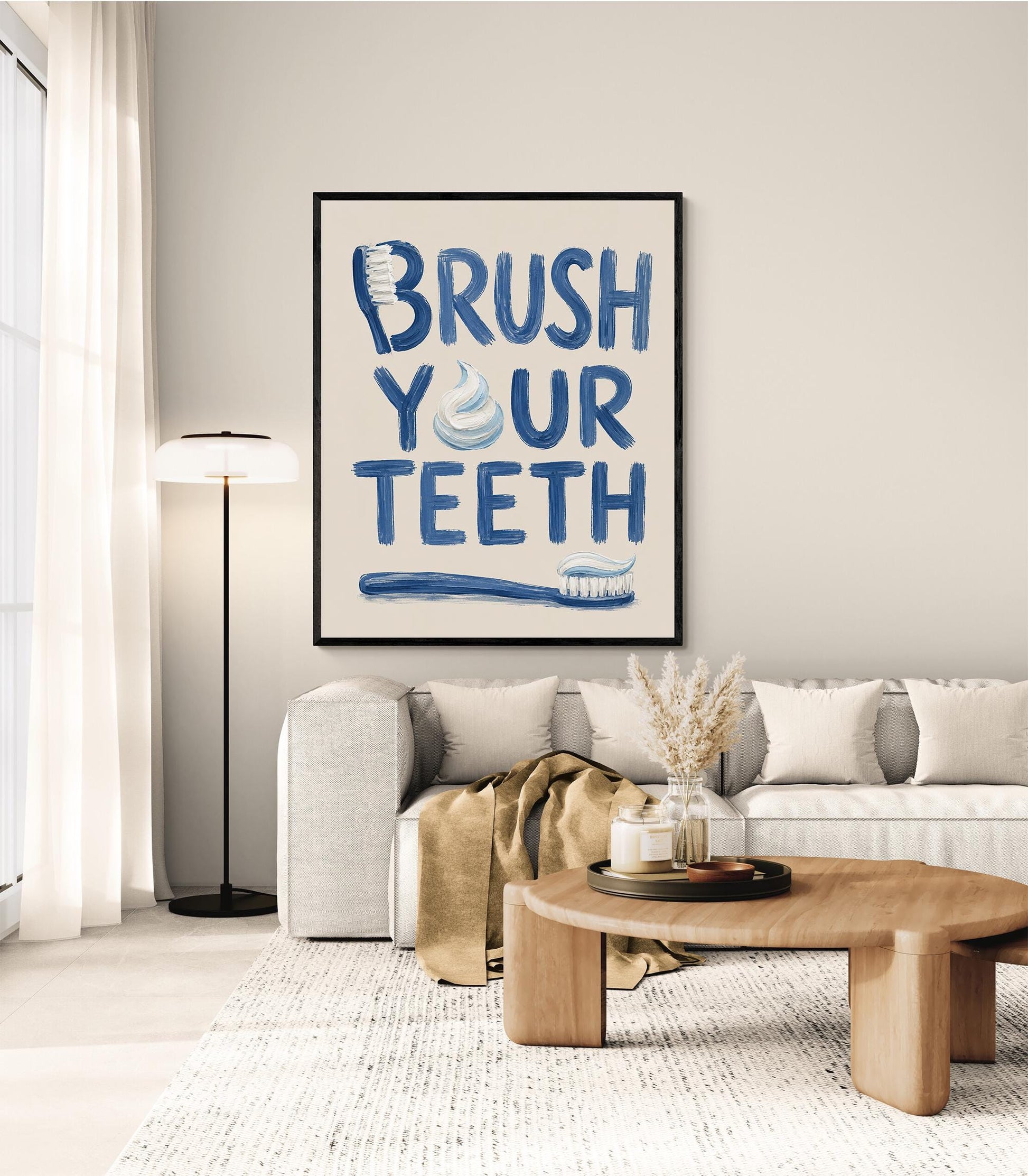 Brush Your Teeth Bathroom Wall Art Print | Funny Home Decor | Children's Room | Nursery | Blue Neutral Toothbrush Typography Gift