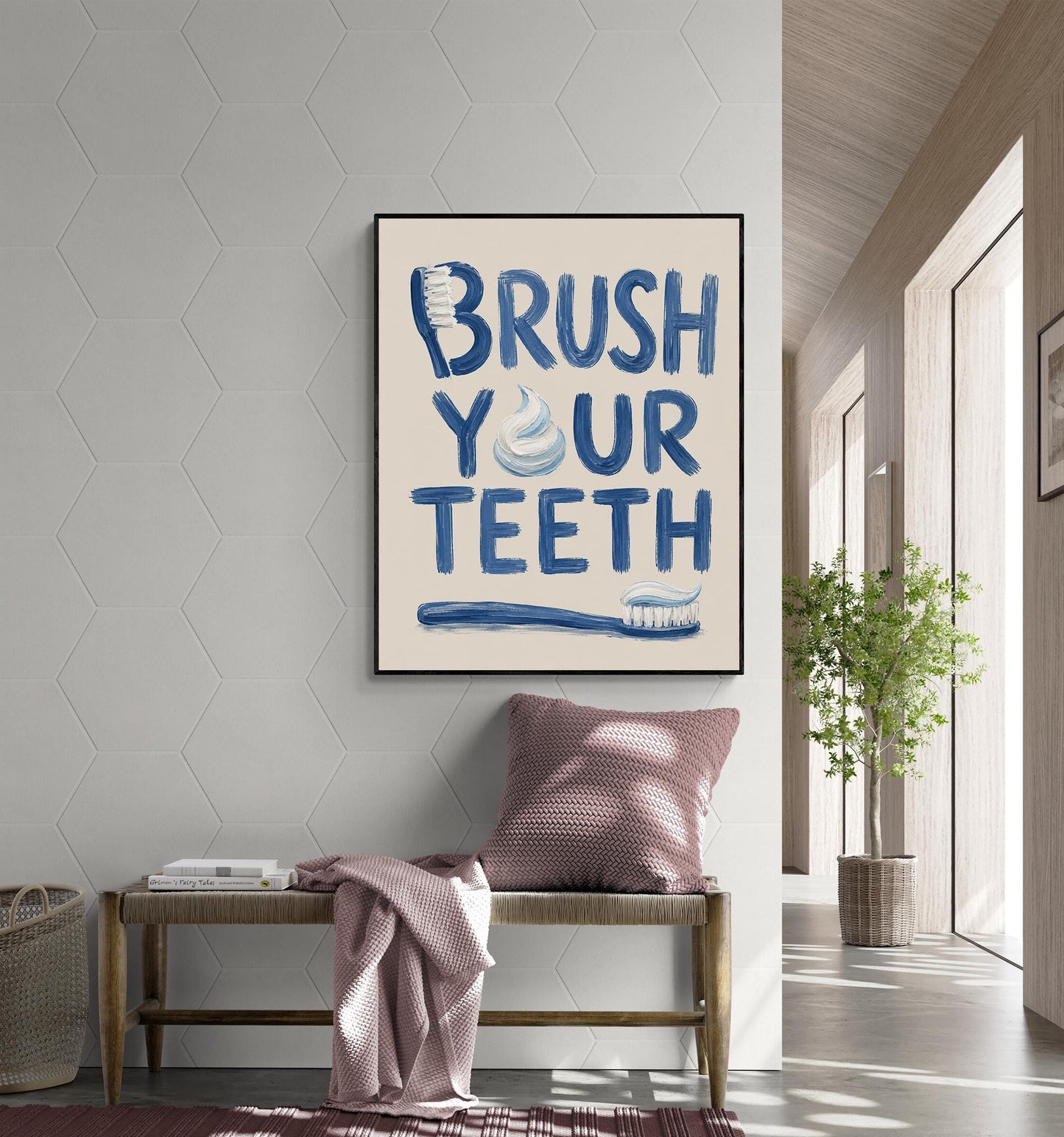 Brush Your Teeth Bathroom Wall Art Print | Funny Home Decor | Children's Room | Nursery | Blue Neutral Toothbrush Typography Gift
