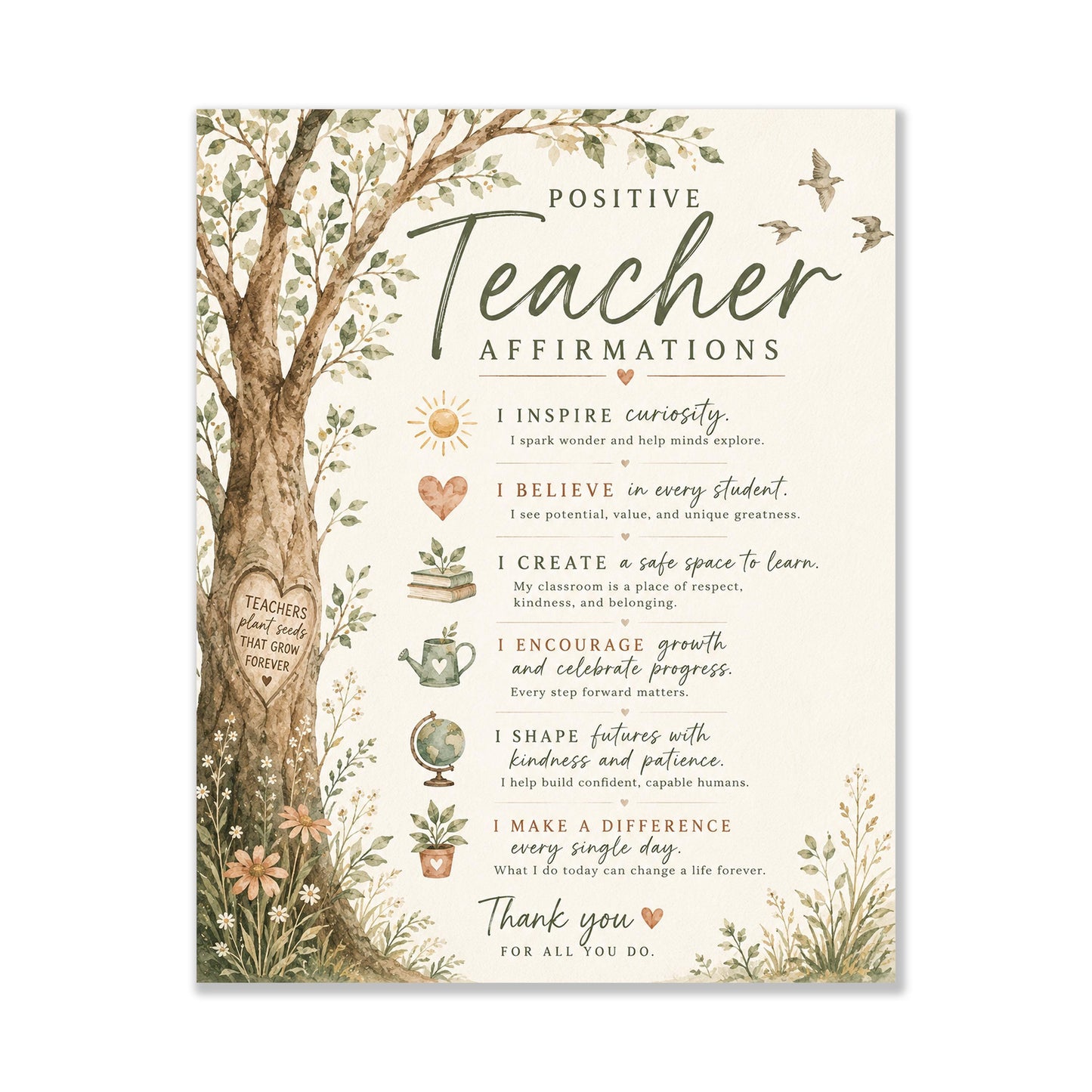 Positive Teacher Affirmations Wall Art Print, Teacher Appreciation Gift, Classroom Wall Decor, Watercolor Educator School Present