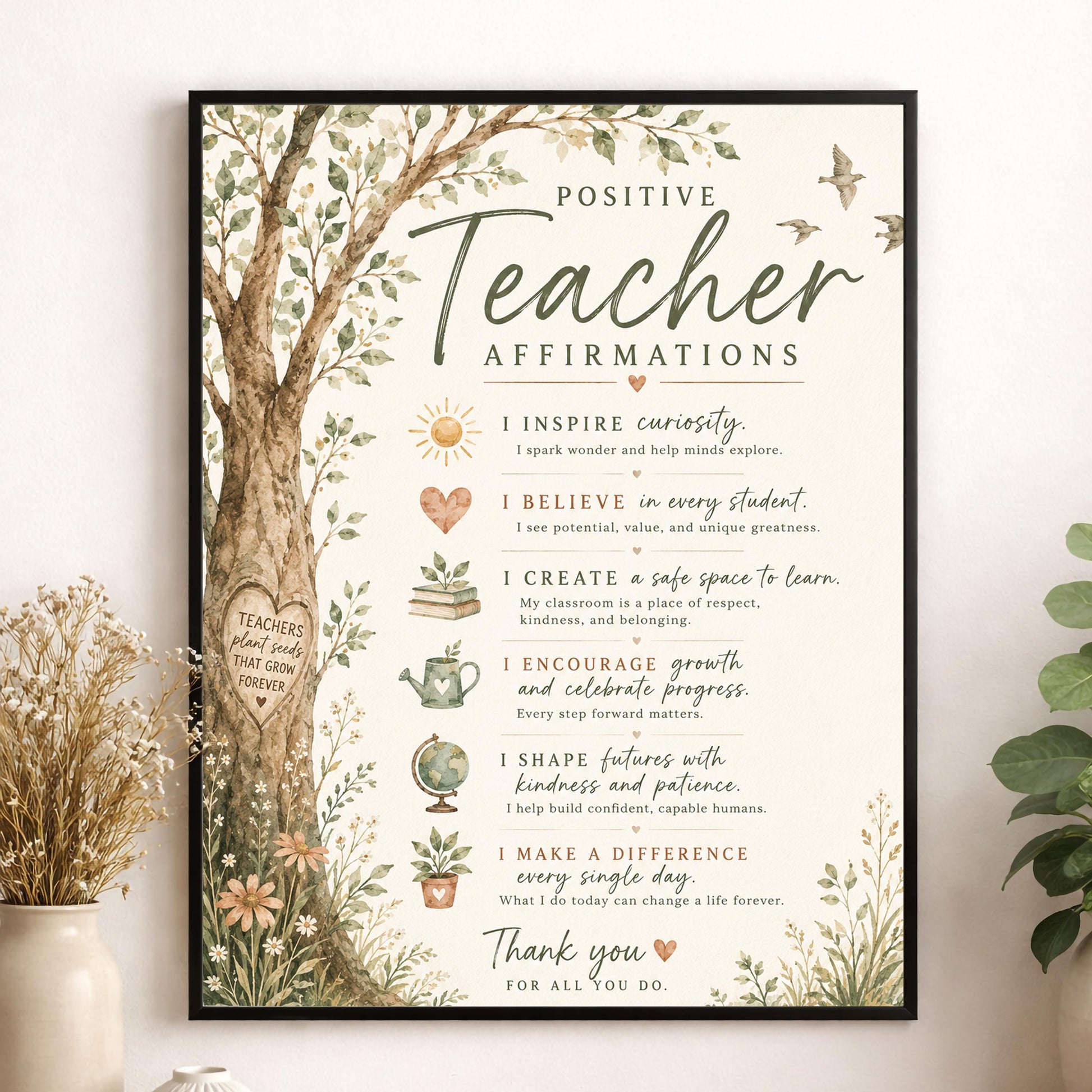 Positive Teacher Affirmations Wall Art Print, Teacher Appreciation Gift, Classroom Wall Decor, Watercolor Educator School Present