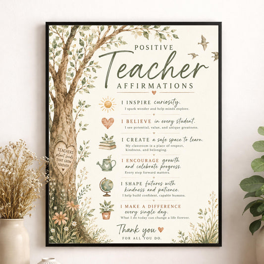 Positive Teacher Affirmations Wall Art Print, Teacher Appreciation Gift, Classroom Wall Decor, Watercolor Educator School Present
