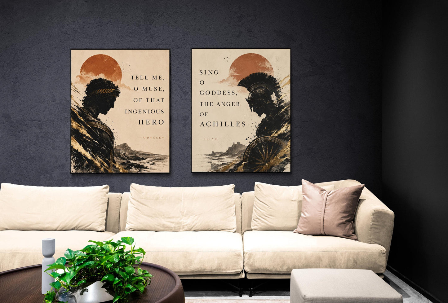Iliad And Odyssey Wall Art Print | Sing O Goddess | Tell Me O Muse | Homer Poem | Literary Home Decor | Classical Set of 2 Beige Posters