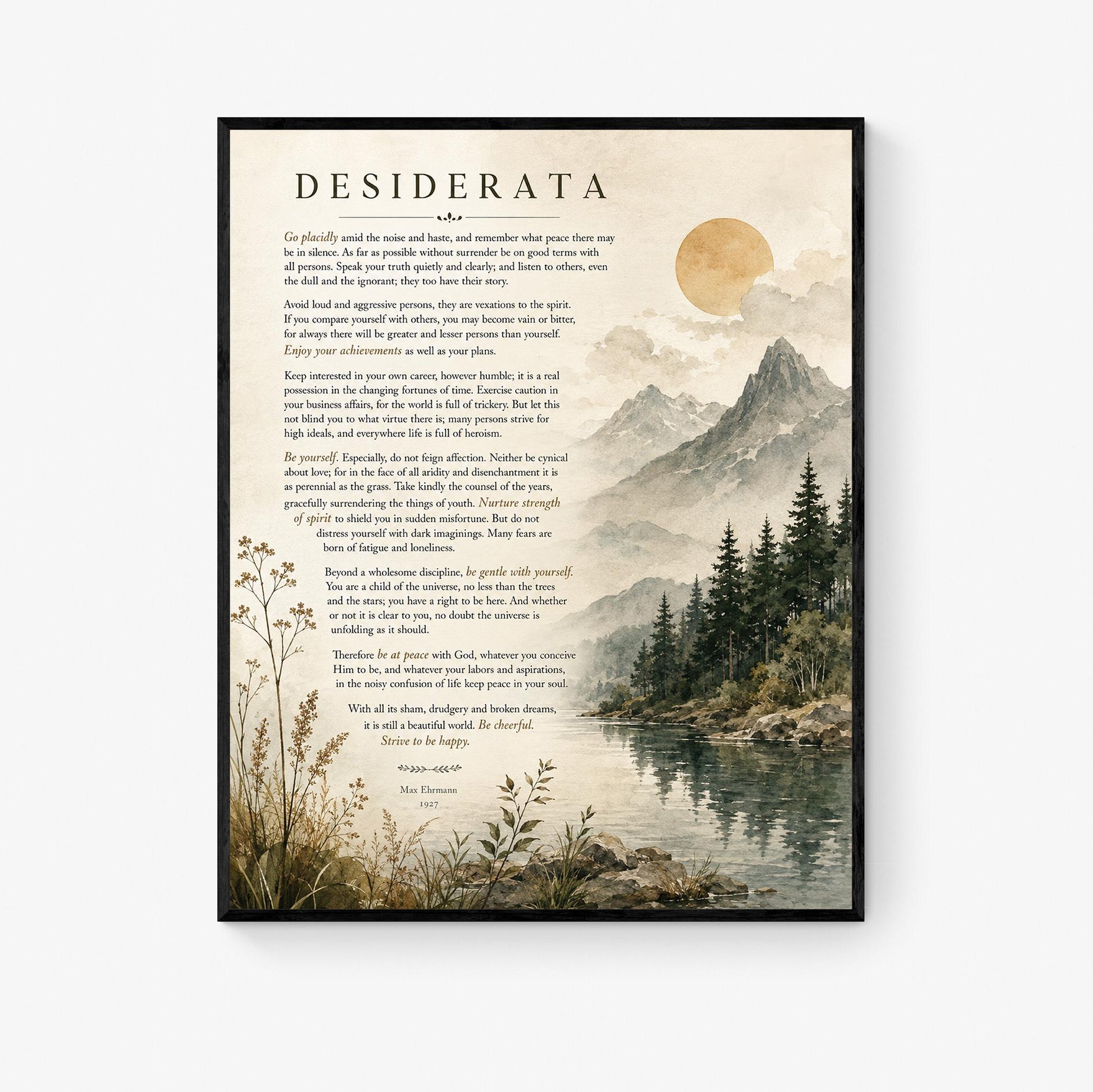 Desiderata Wall Art Print | Go Placidly Amid The Noise | Max Ehrmann Poem | Mountain Landscape | Literary Book | Inspirational Home Decor