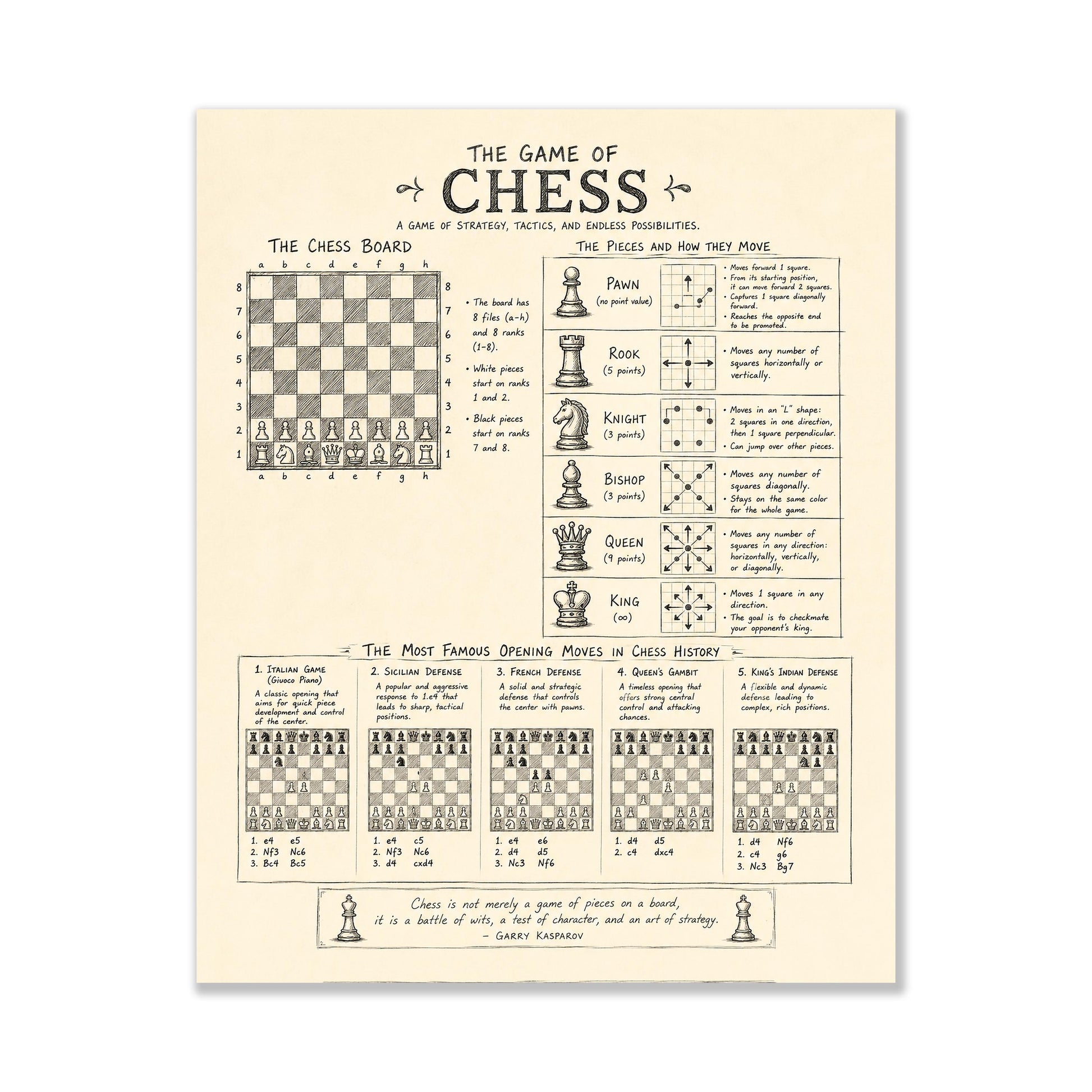 Chess Strategy Wall Art Print | Vintage Diagram Poster | Intellectual Home Decor | Chess Opening Moves Gift