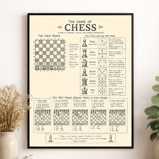 Chess Strategy Wall Art Print | Vintage Diagram Poster | Intellectual Home Decor | Chess Opening Moves Gift