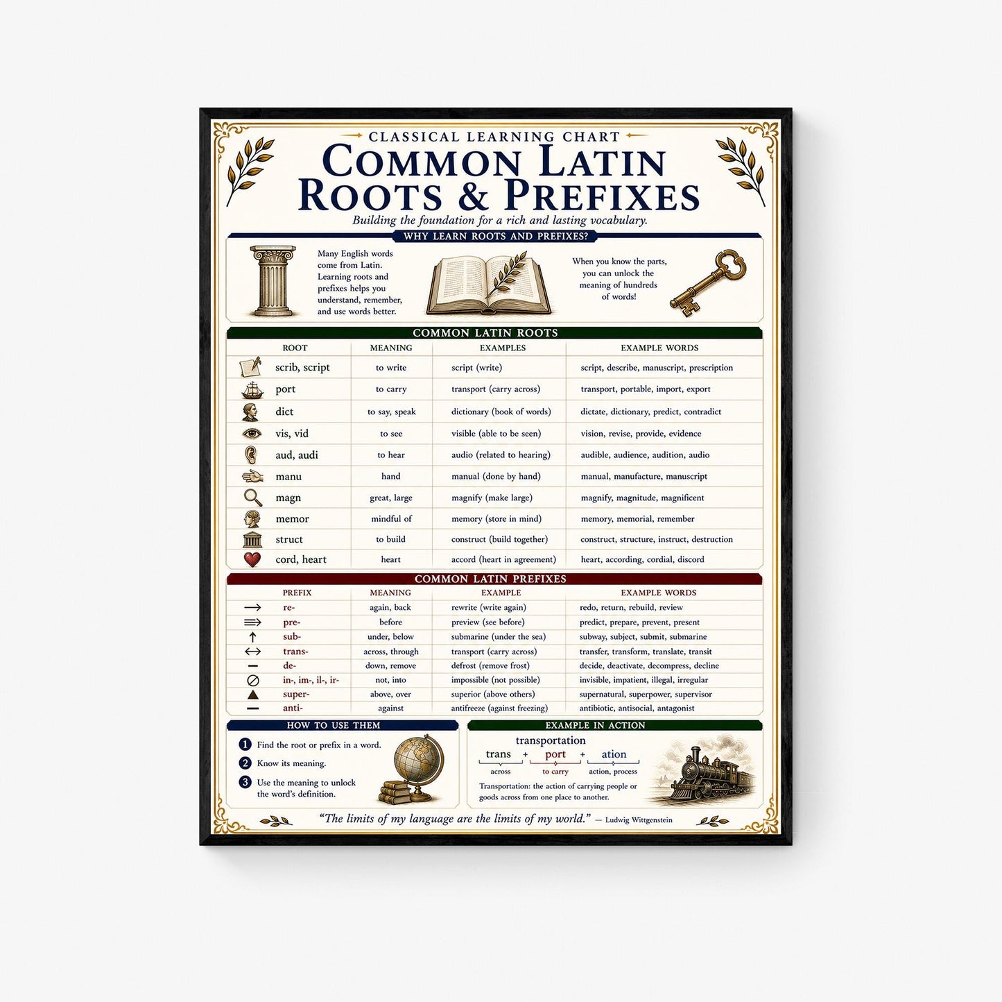 Latin Roots and Prefixes Chart Wall Art Print | Classical Learning Poster | Homeschool | Teacher Classroom | Educational Home Decor