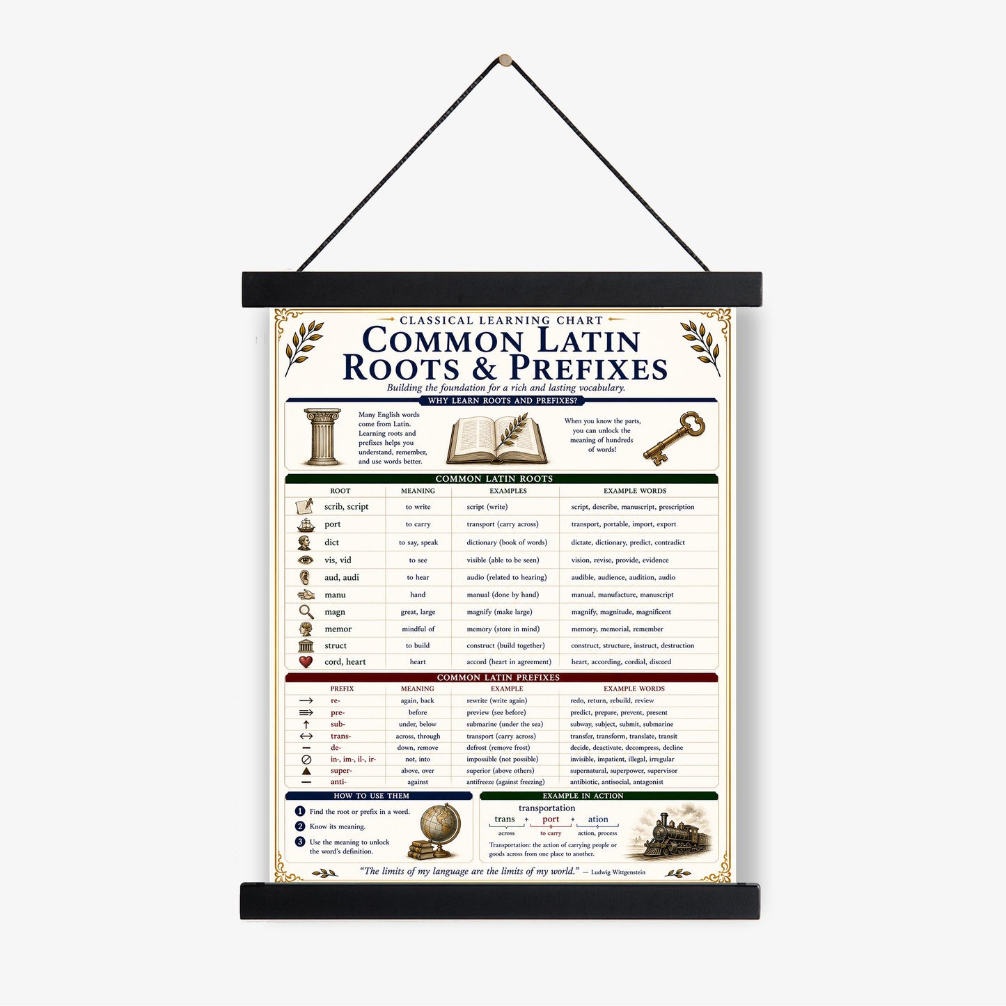 Latin Roots and Prefixes Chart Wall Art Print | Classical Learning Poster | Homeschool | Teacher Classroom | Educational Home Decor