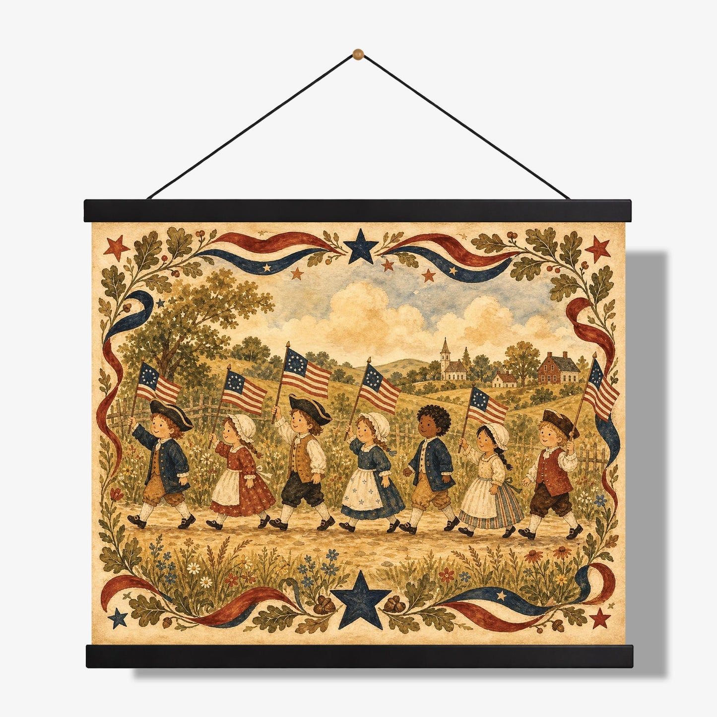 Patriotic Colonial Children Parade Wall Art Print, Americana Home Decor, Vintage Folk Artwork, Fourth of July Cottage Gift