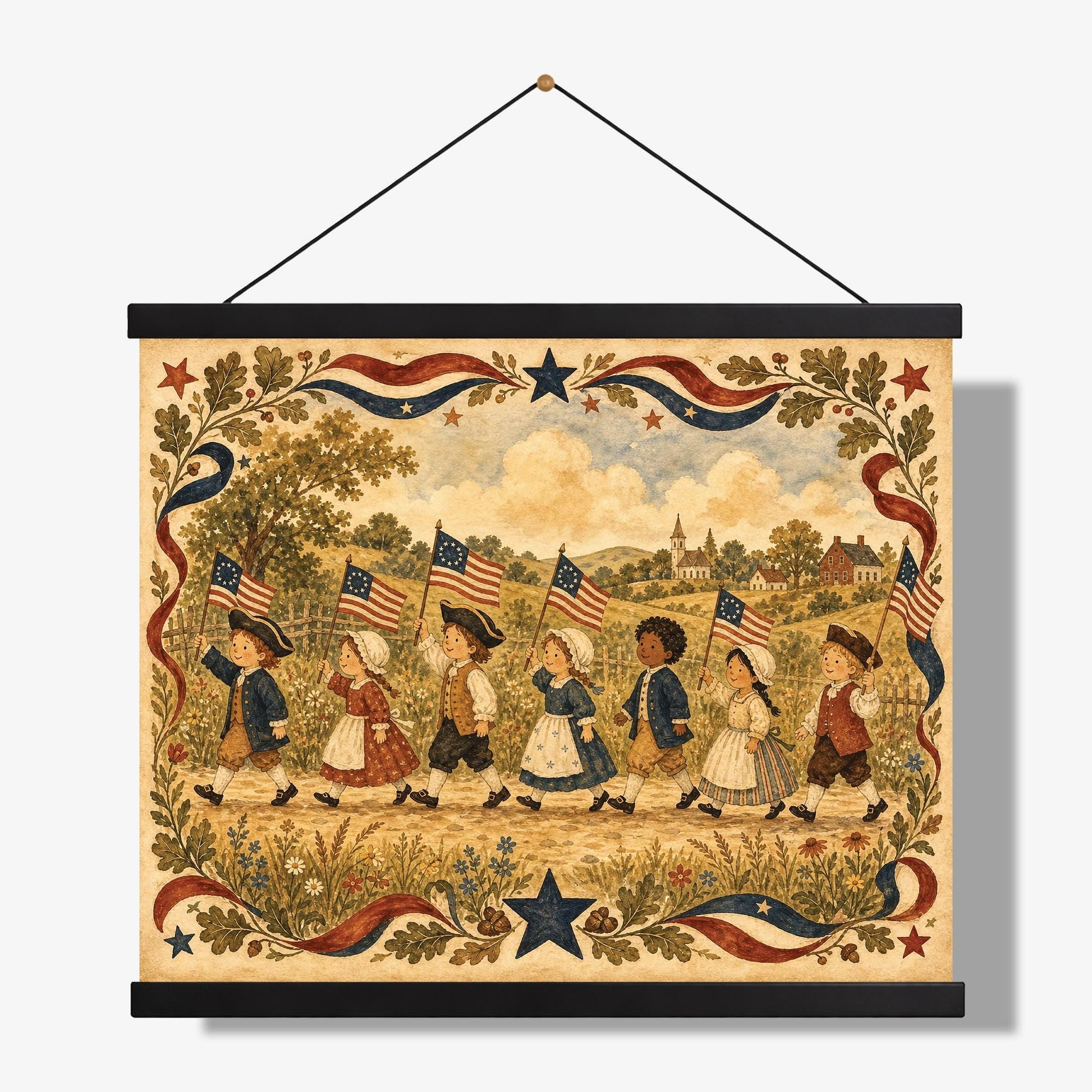 Patriotic Colonial Children Parade Wall Art Print, Americana Home Decor, Vintage Folk Artwork, Fourth of July Cottage Gift
