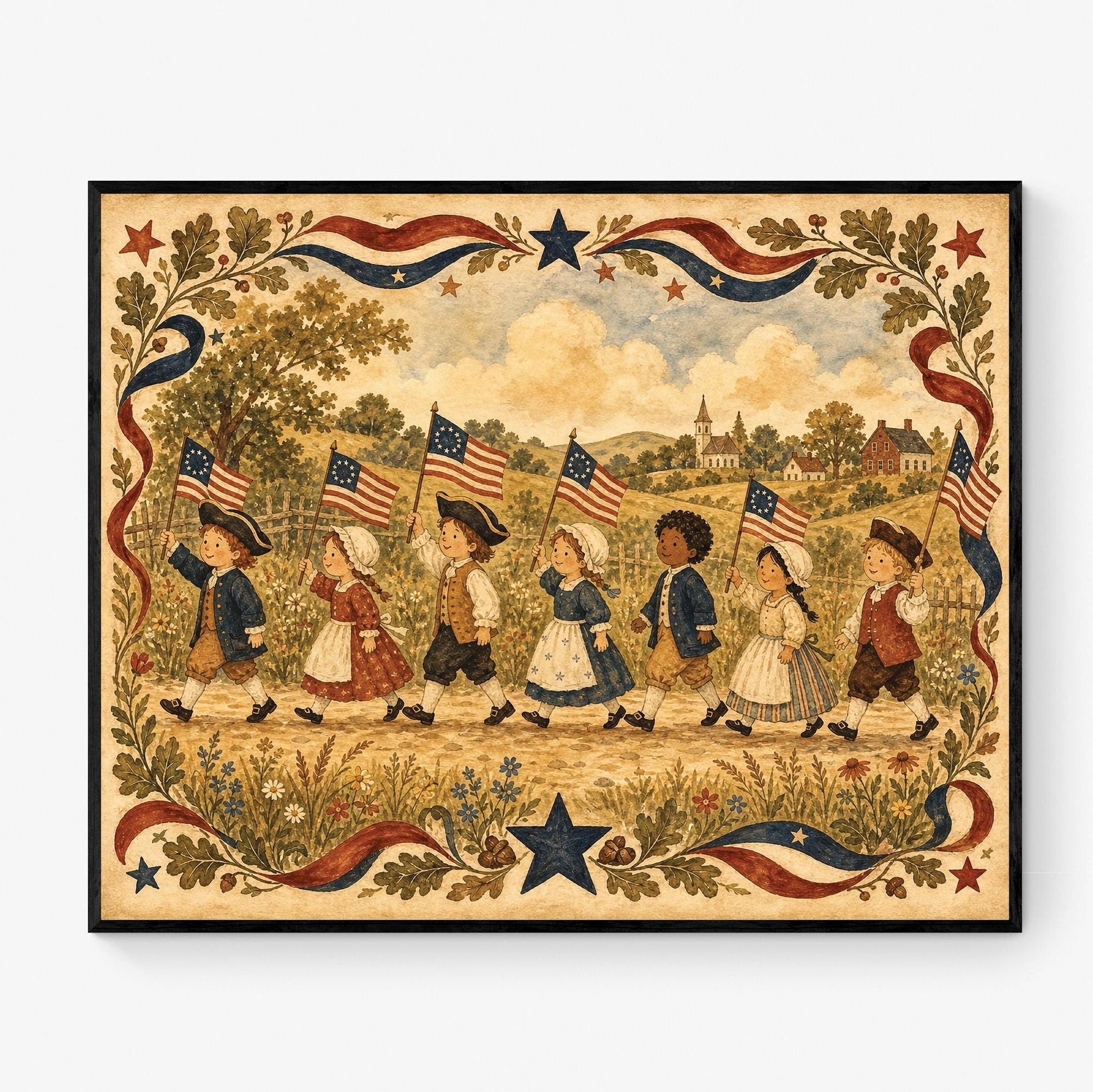 Patriotic Colonial Children Parade Wall Art Print, Americana Home Decor, Vintage Folk Artwork, Fourth of July Cottage Gift