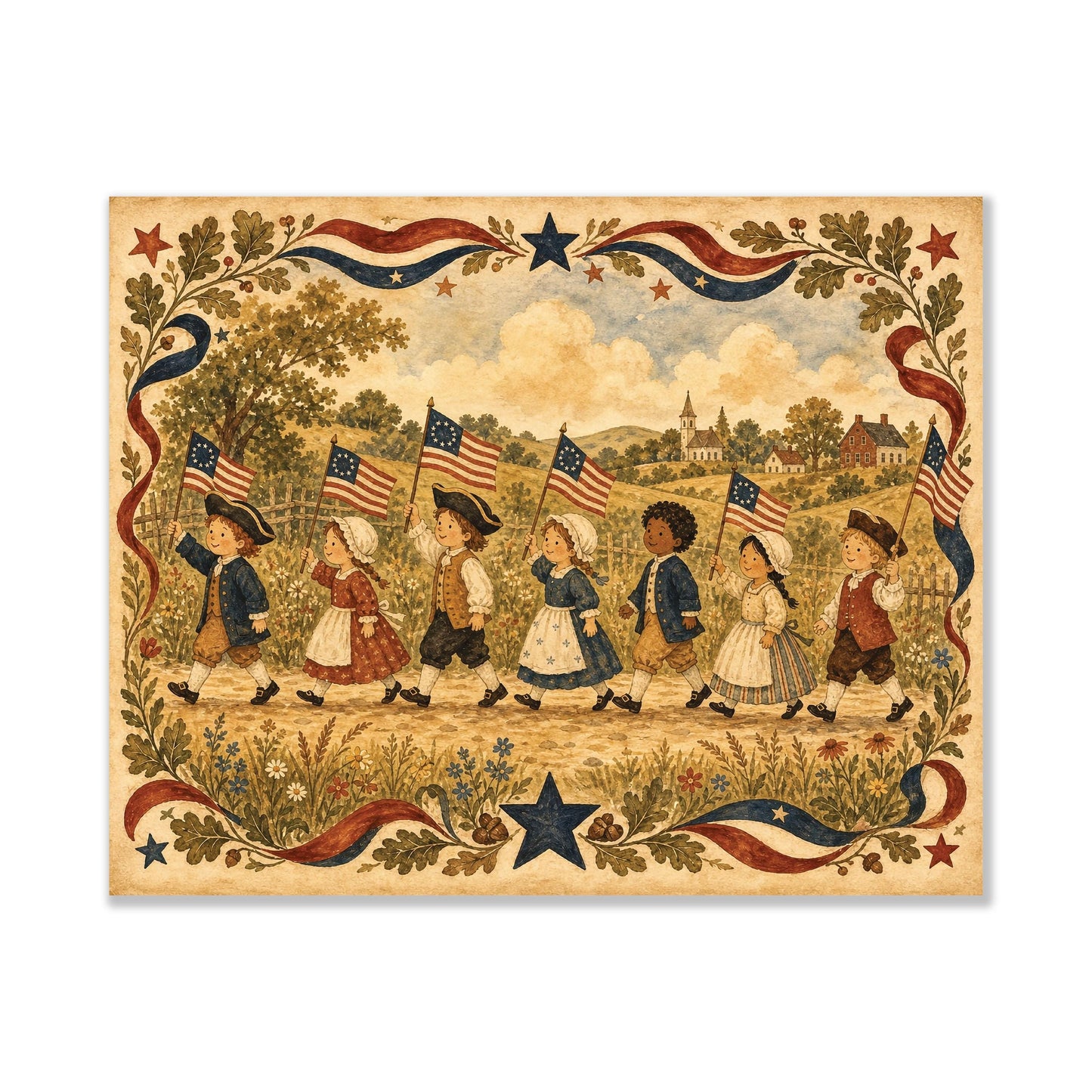 Patriotic Colonial Children Parade Wall Art Print, Americana Home Decor, Vintage Folk Artwork, Fourth of July Cottage Gift
