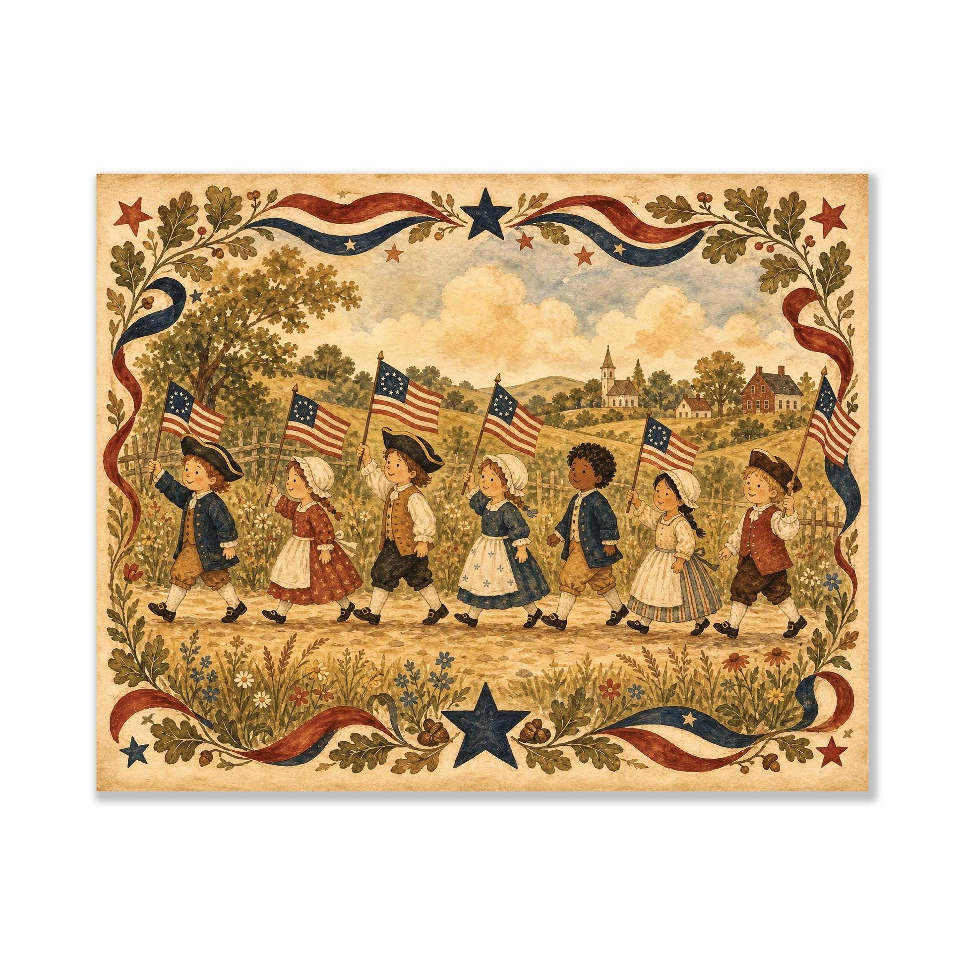 Patriotic Colonial Children Parade Wall Art Print, Americana Home Decor, Vintage Folk Artwork, Fourth of July Cottage Gift