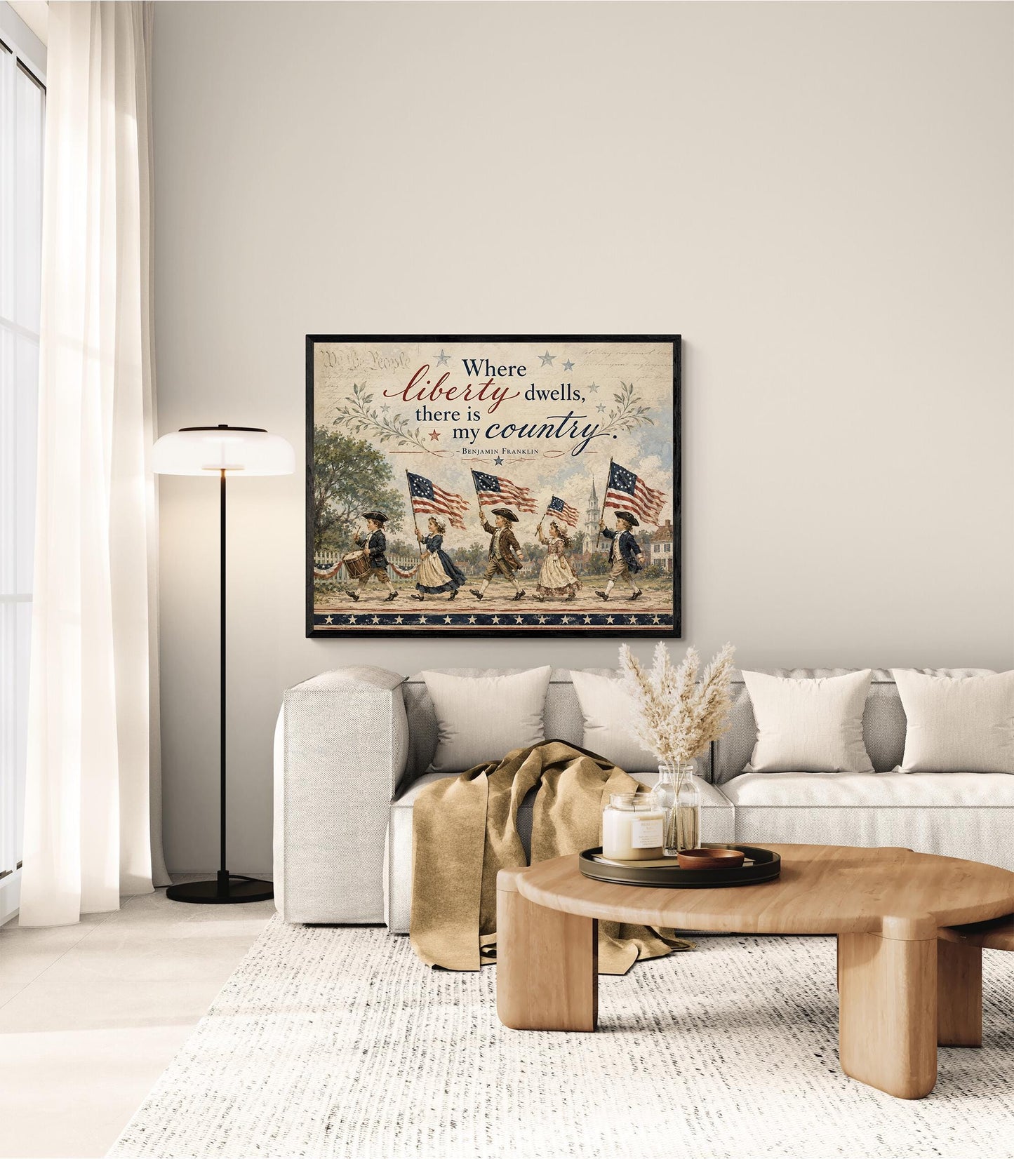 Patriotic Colonial Children Wall Art Print, Benjamin Franklin Liberty Quote, Americana Home Decor, Vintage Folk, Fourth of July Cottage Gift