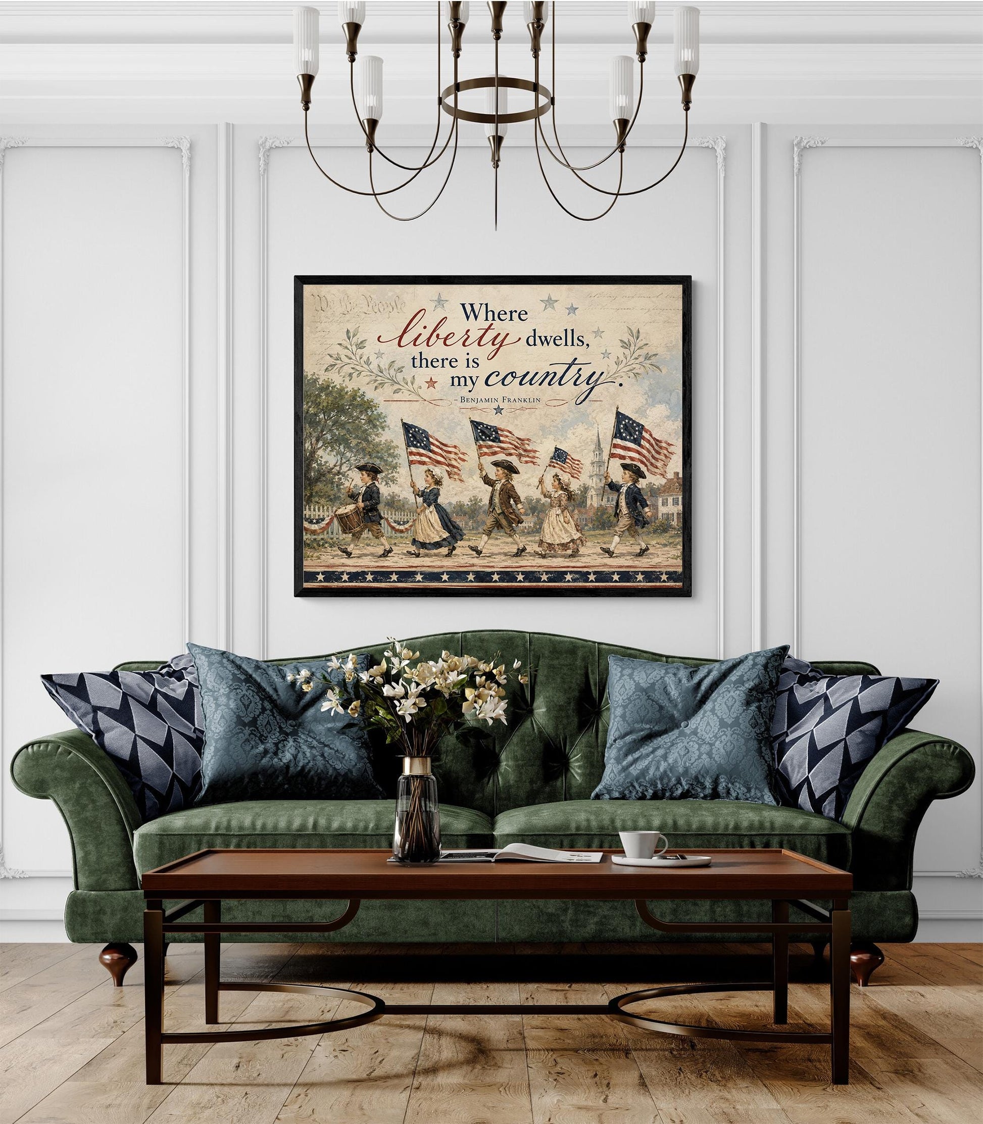 Patriotic Colonial Children Wall Art Print, Benjamin Franklin Liberty Quote, Americana Home Decor, Vintage Folk, Fourth of July Cottage Gift
