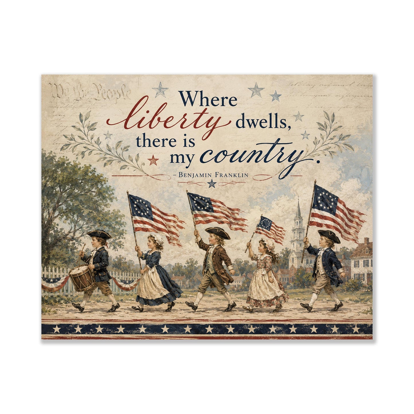 Patriotic Colonial Children Wall Art Print, Benjamin Franklin Liberty Quote, Americana Home Decor, Vintage Folk, Fourth of July Cottage Gift