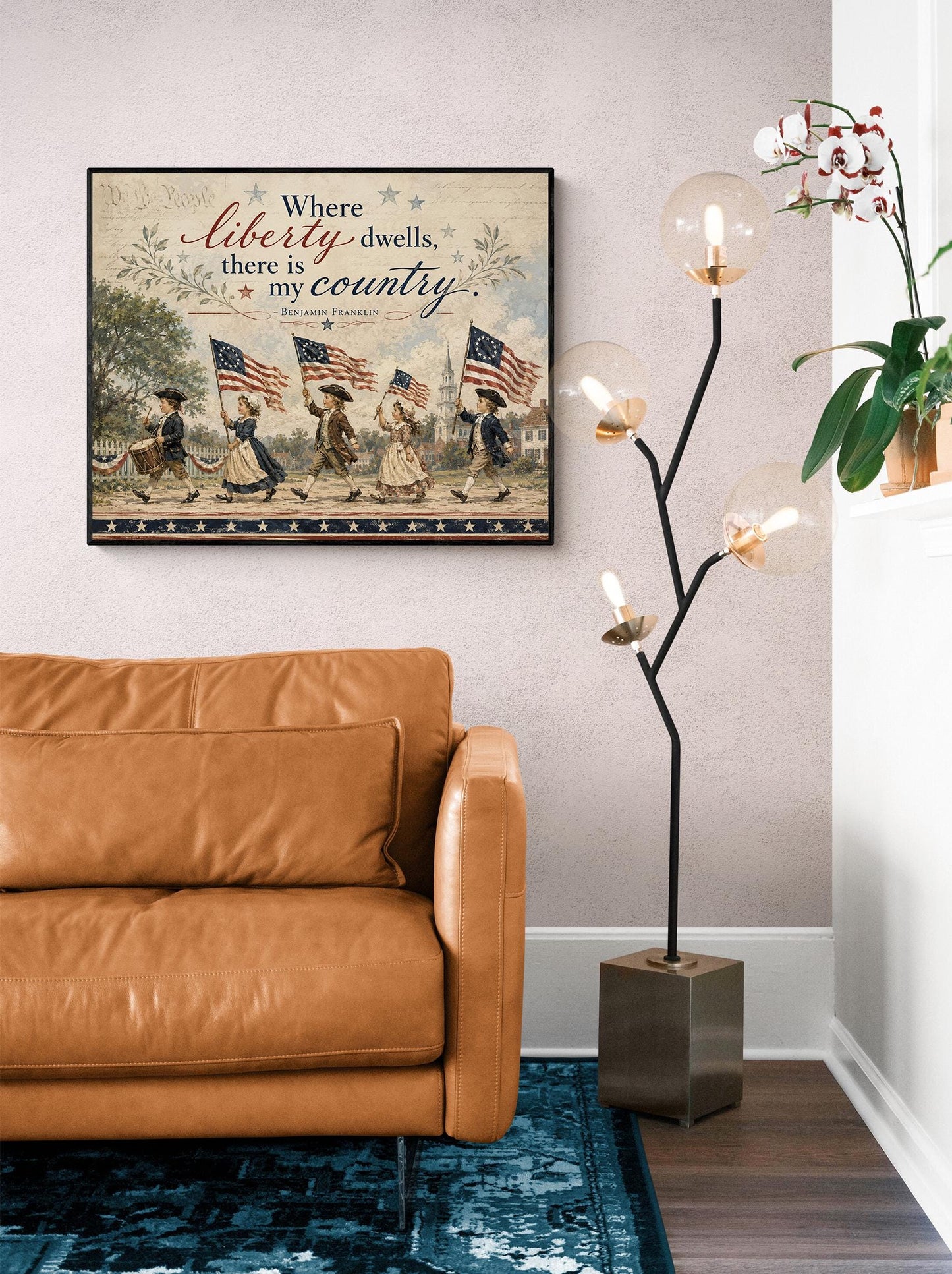 Patriotic Colonial Children Wall Art Print, Benjamin Franklin Liberty Quote, Americana Home Decor, Vintage Folk, Fourth of July Cottage Gift