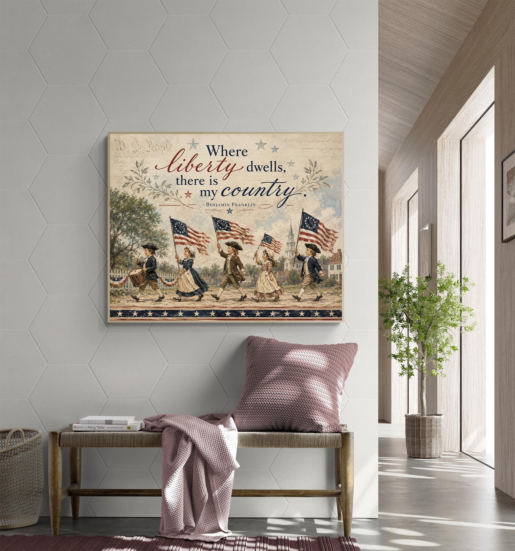 Patriotic Colonial Children Wall Art Print, Benjamin Franklin Liberty Quote, Americana Home Decor, Vintage Folk, Fourth of July Cottage Gift