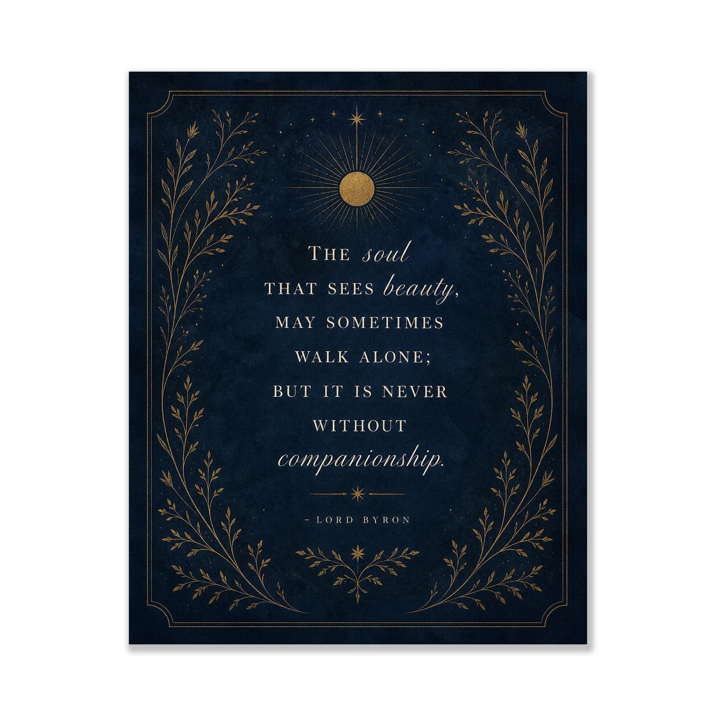 The Soul That Sees Beauty Wall Art Print, Lord Byron Quote, Literary Home Decor, Navy Blue Gold Botanical Gift